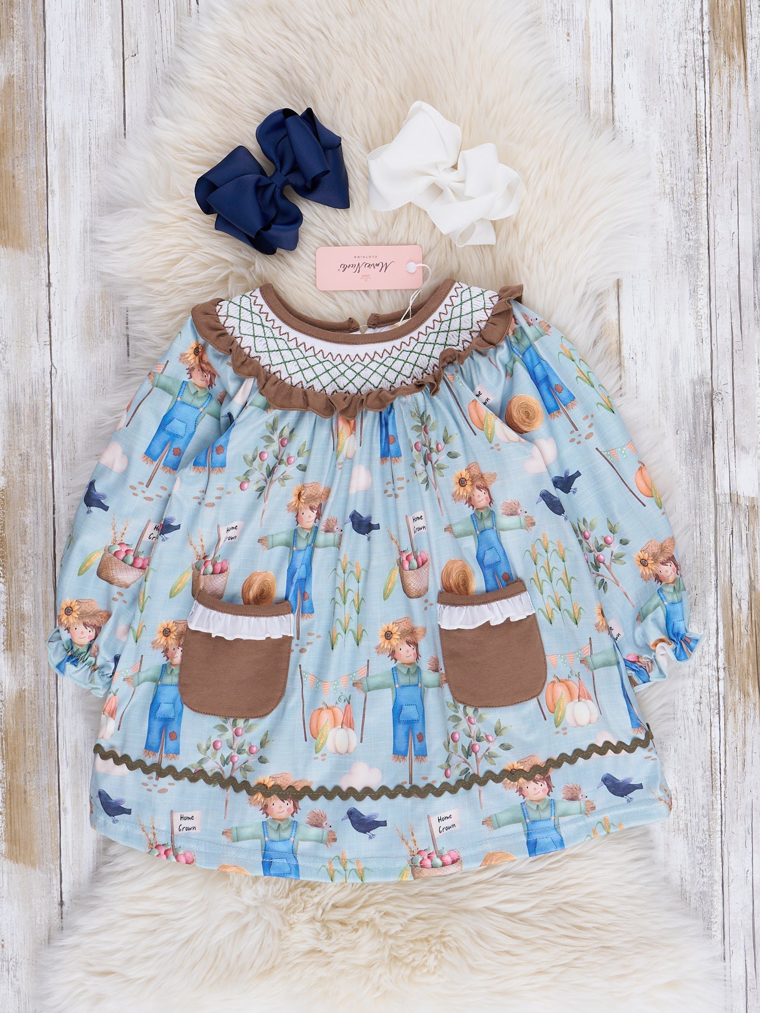 Blue & Brown Smocked Scarecrow Dress - Marie Nicole Clothing