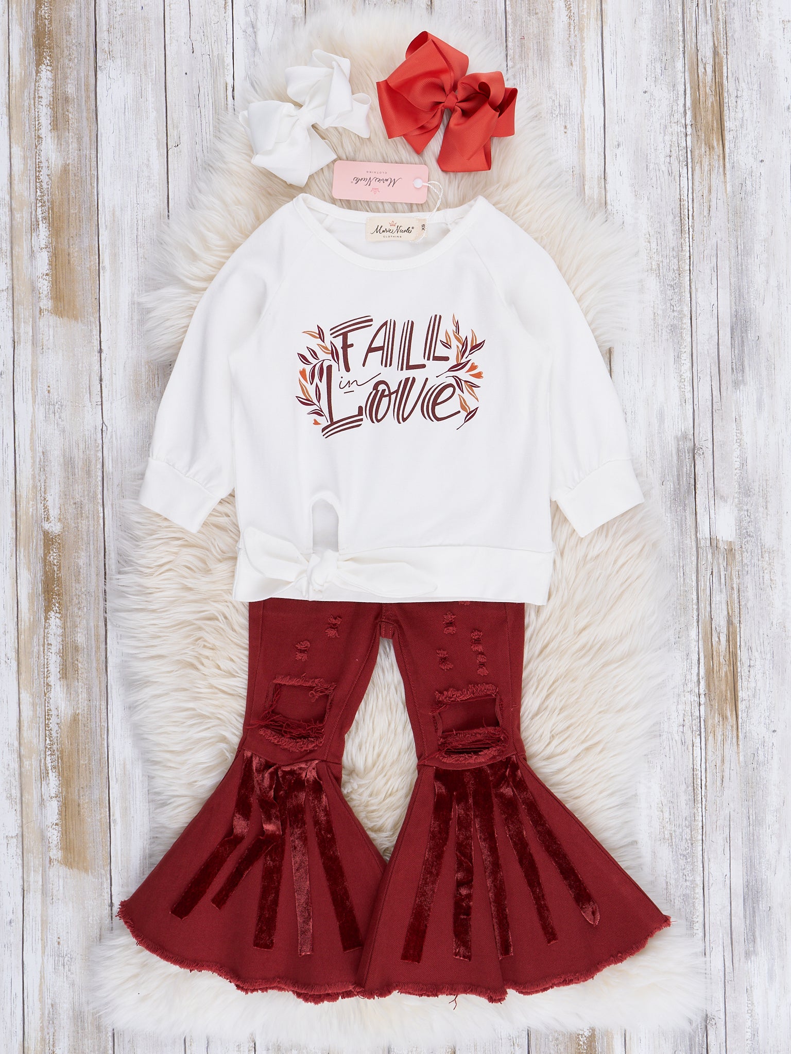 Maroon Fall Love Distressed Bell Bottoms Outfit - Marie Nicole Clothing