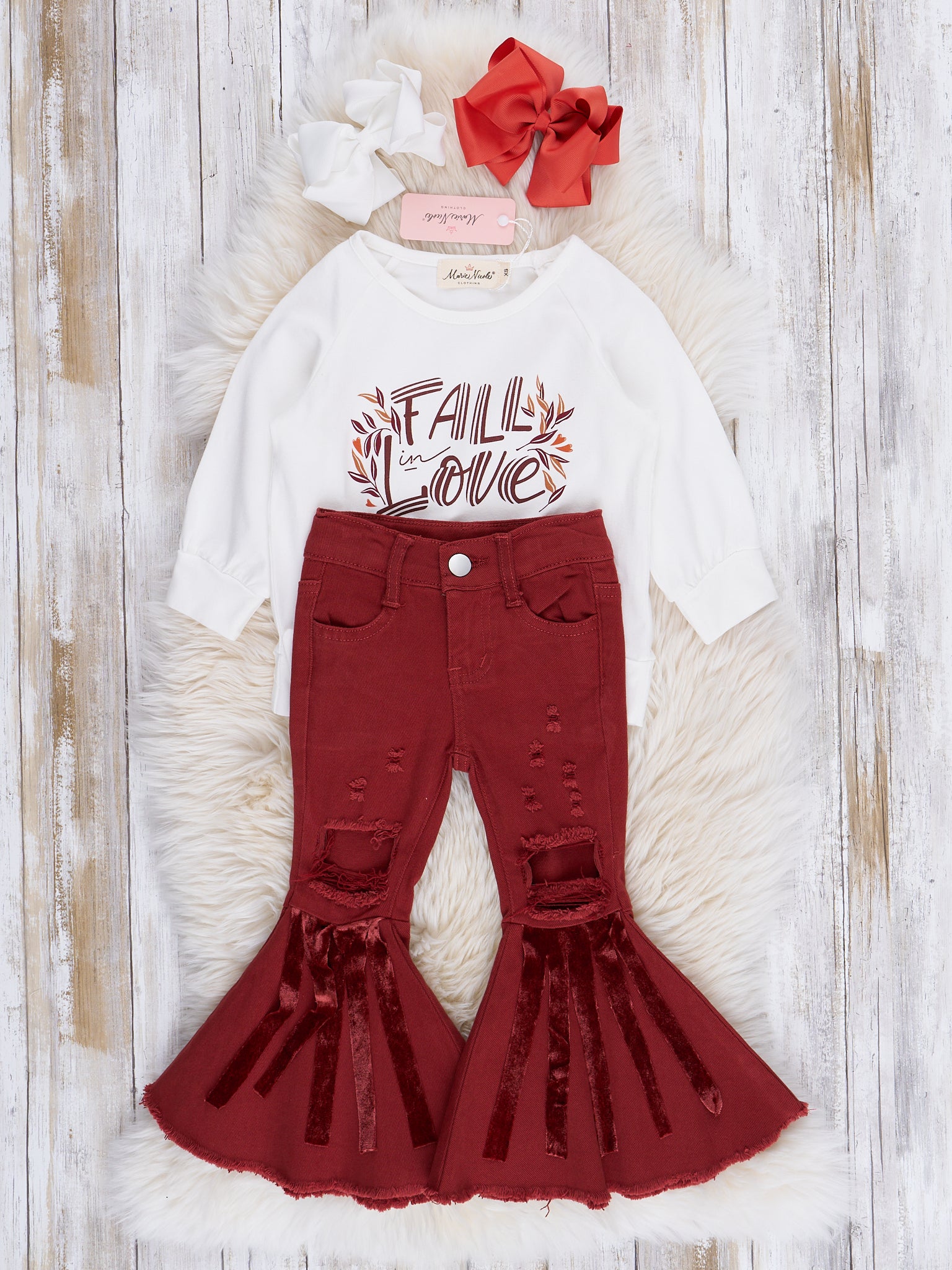 Maroon Fall Love Distressed Bell Bottoms Outfit - Marie Nicole Clothing