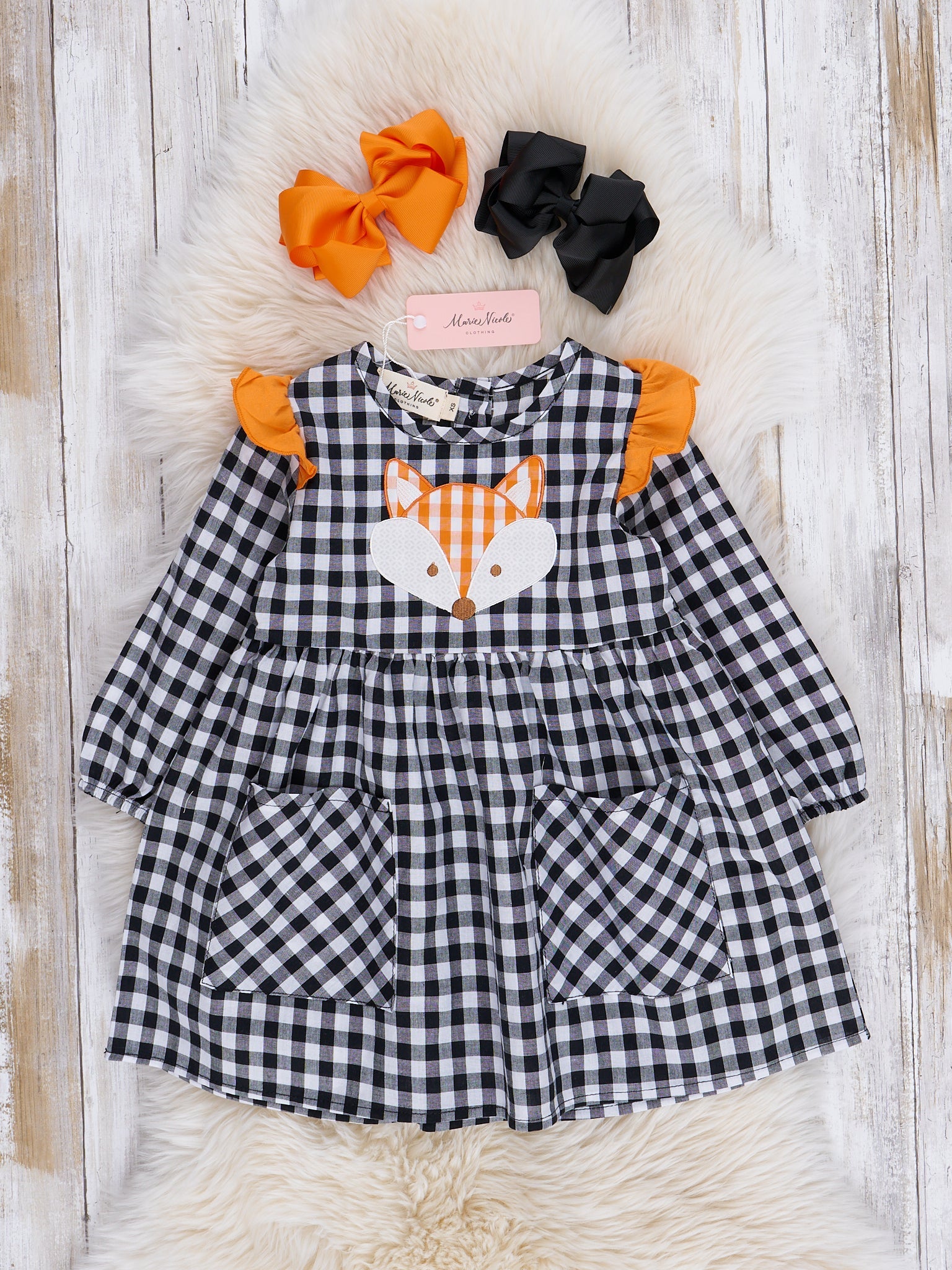 Black & White Gingham Little Fox Pocket Dress - Marie Nicole Clothing