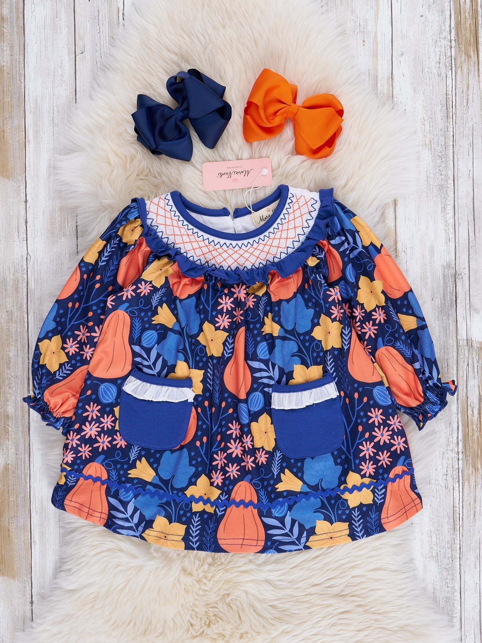 Blue & Orange Smocked Gourds Dress - Marie Nicole Clothing