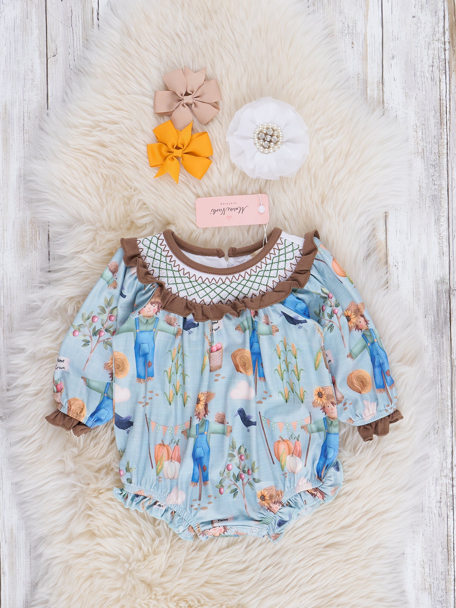 Blue & Brown Smocked Scarecrow Bubble Romper - Marie Nicole Clothing