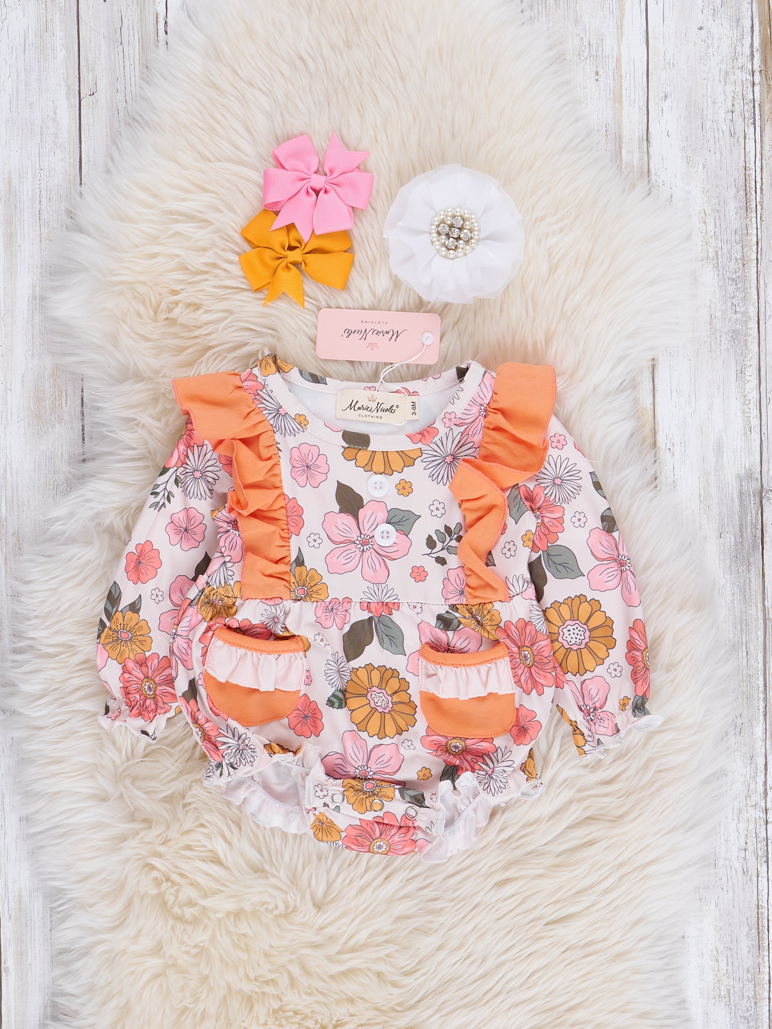 Orange Marigold Blooms Ruffle Bubble Romper - Marie Nicole Clothing