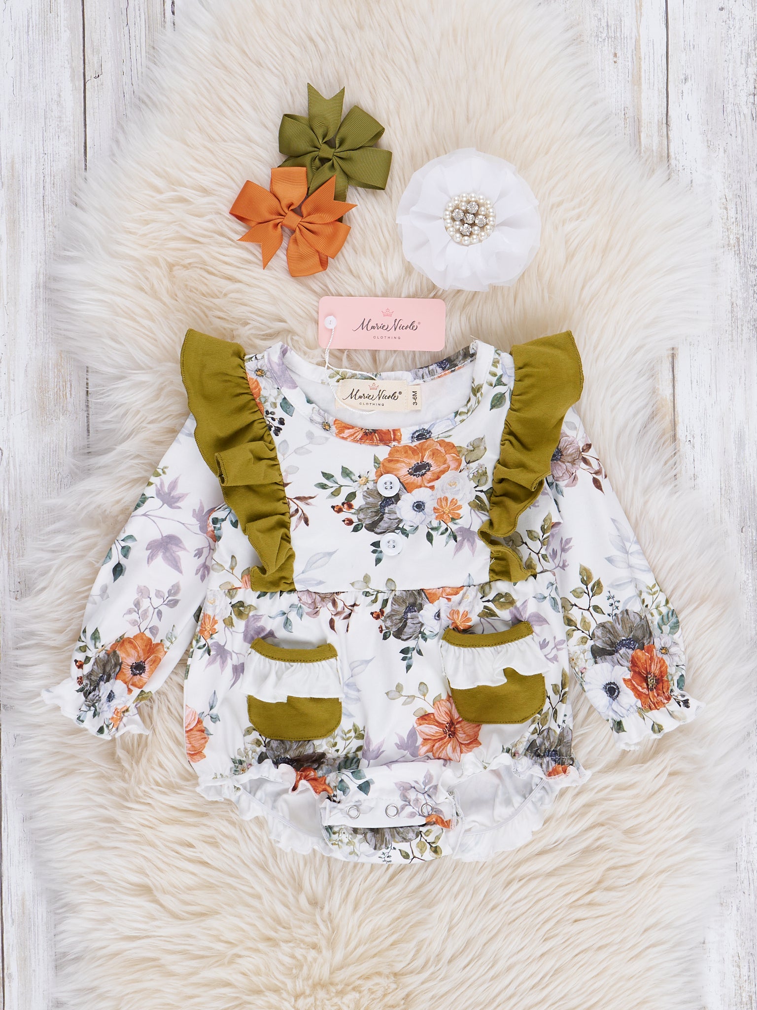 Olive Blooms Ruffle Bubble Romper - Marie Nicole Clothing