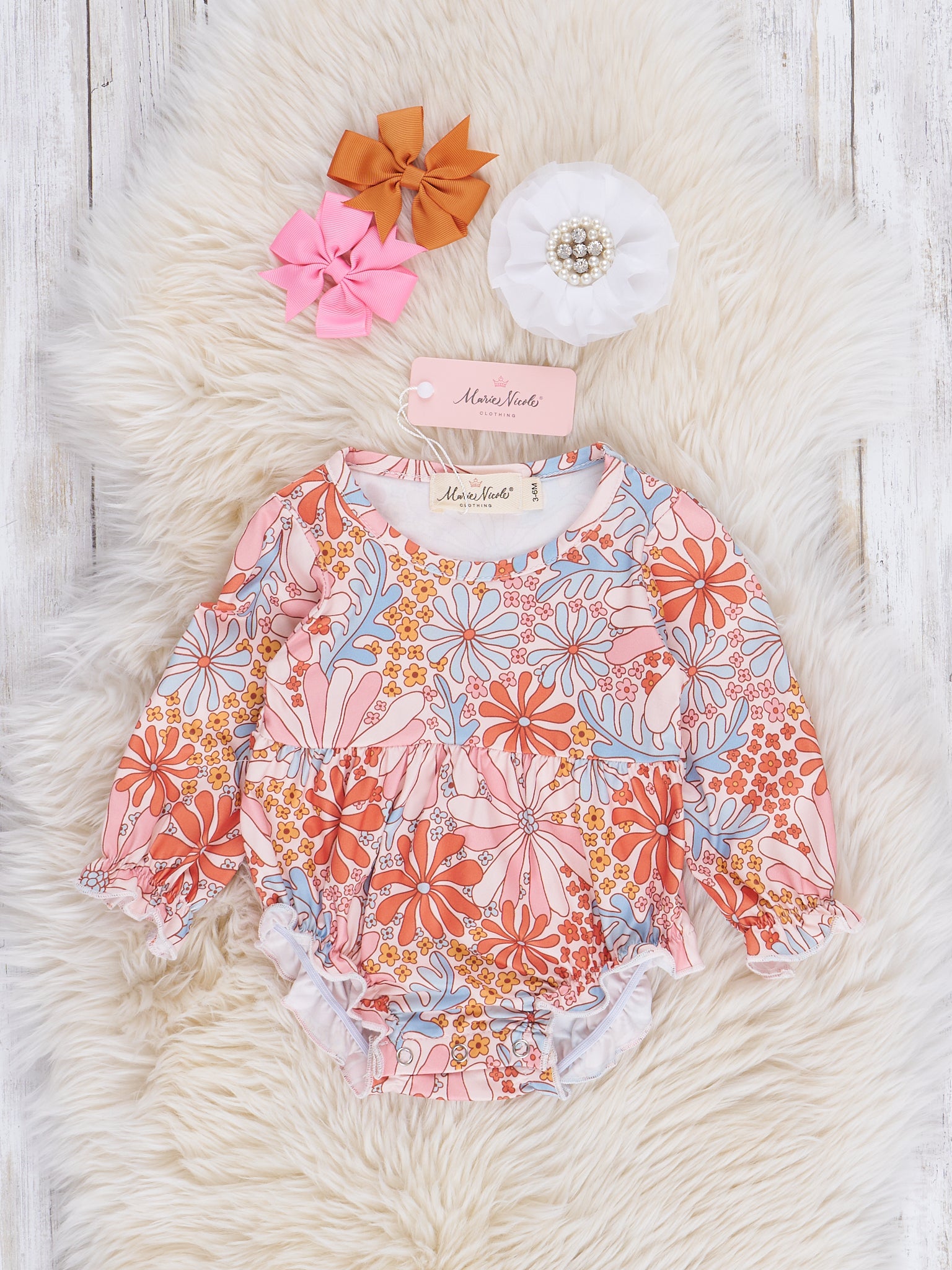 Orange & Grey Wildflowers Bubble Romper - Marie Nicole Clothing