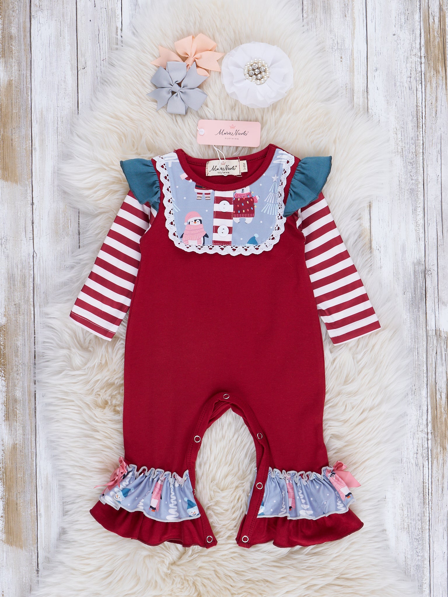 Red & Chambray North Pole Ruffle Romper - Marie Nicole Clothing
