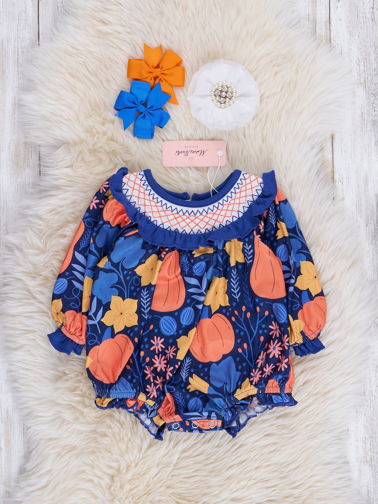 Blue Orange Smocked Gourds Bubble Romper - Marie Nicole Clothing