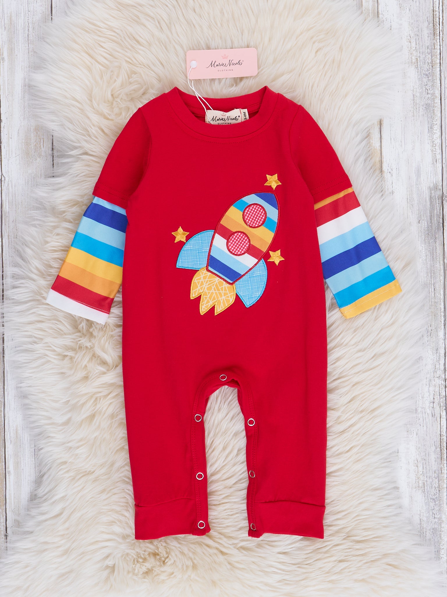 Red Rocketship Stripes Romper - Marie Nicole Clothing