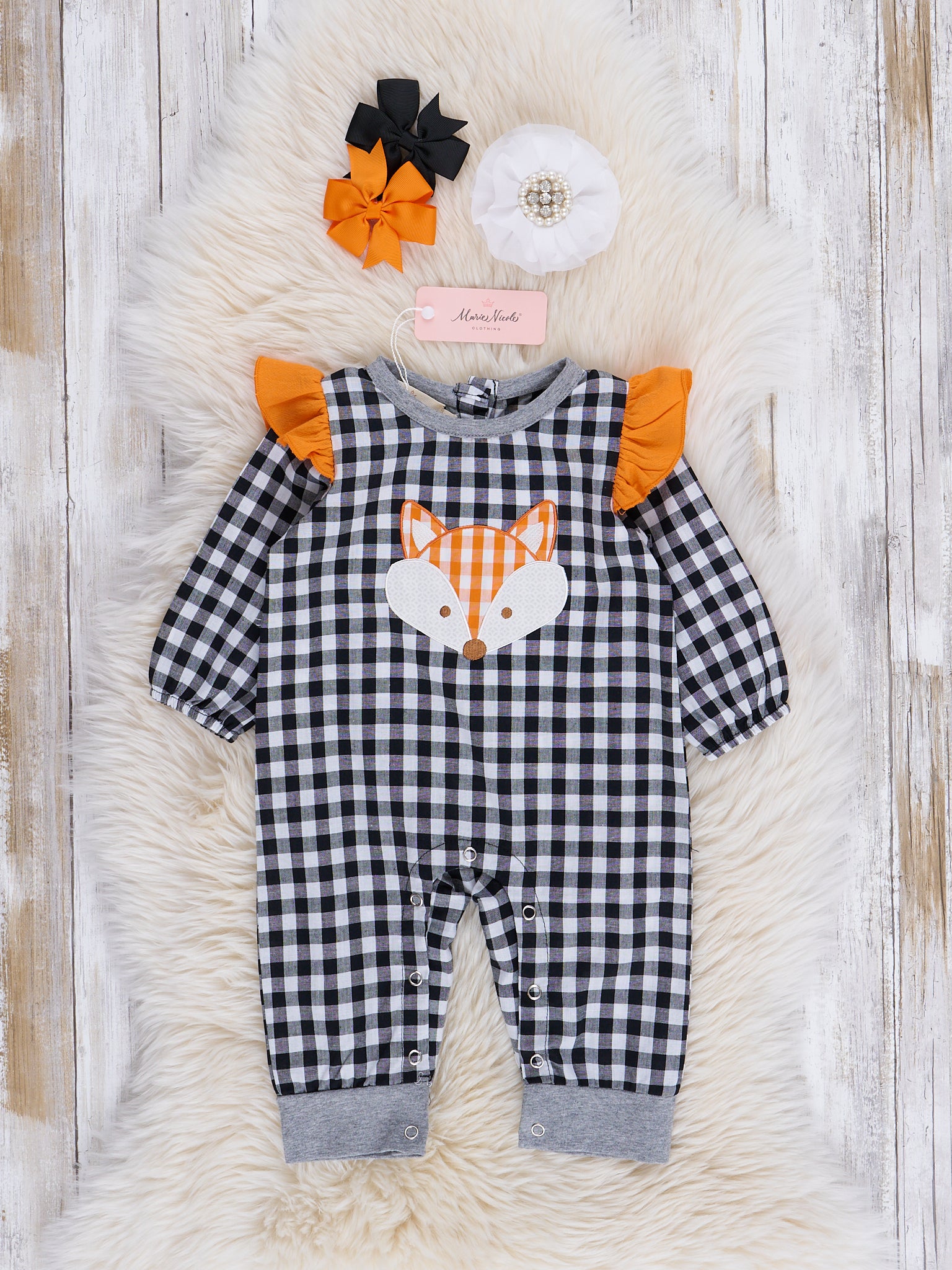 Black & White Gingham Little Fox Romper - Marie Nicole Clothing