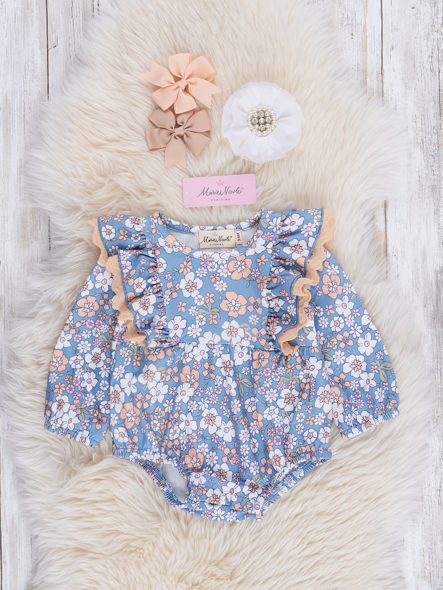 Blue Flower Child Ruffle Bubble Romper - Marie Nicole Clothing