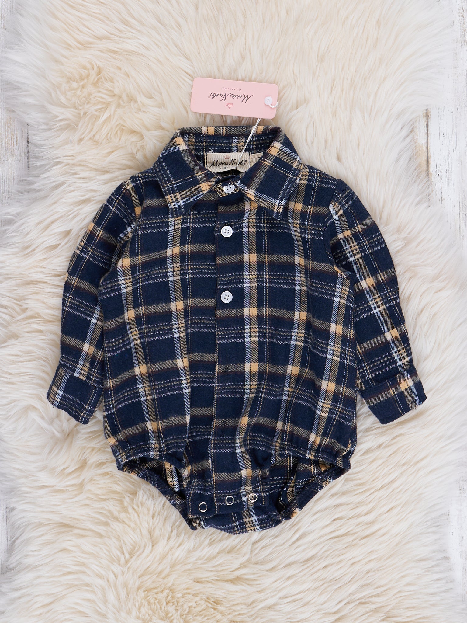 Midnight Blue Plaid Flannel Bubble Romper - Marie Nicole Clothing