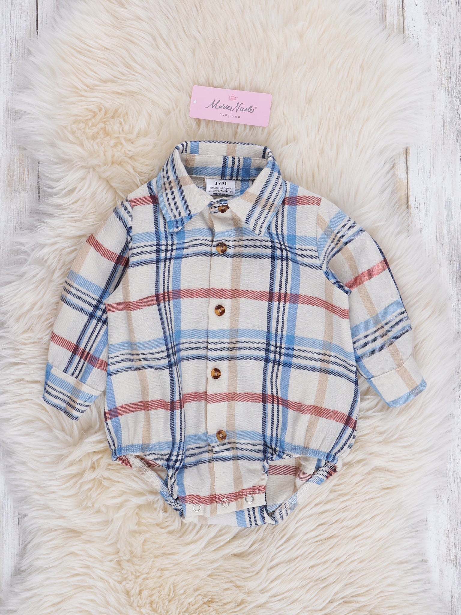 Cream & Blue Plaid Flannel Button - Up Bubble Romper - Marie Nicole Clothing