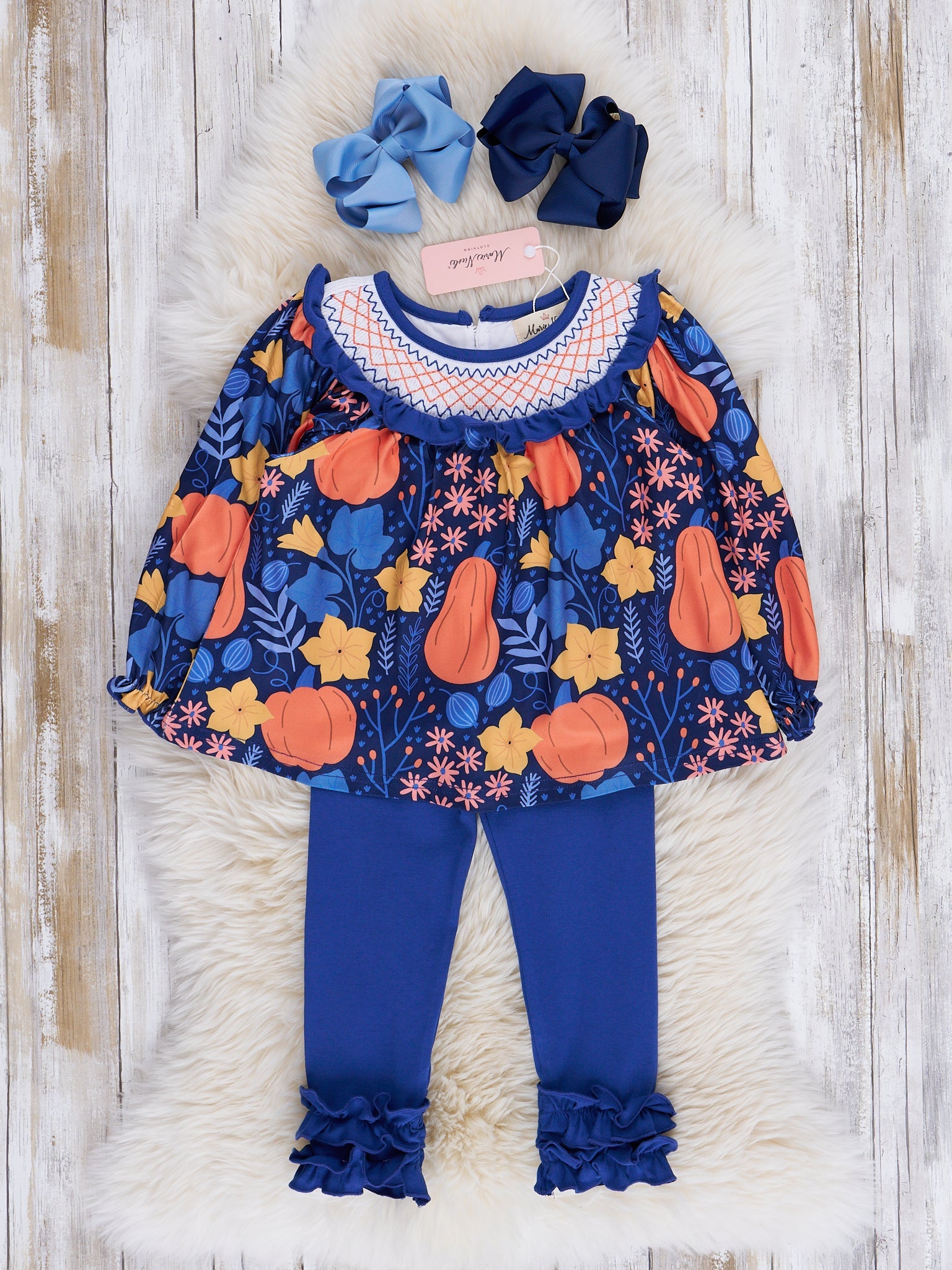 Blue & Orange Smocked Gourds Outfit - Marie Nicole Clothing