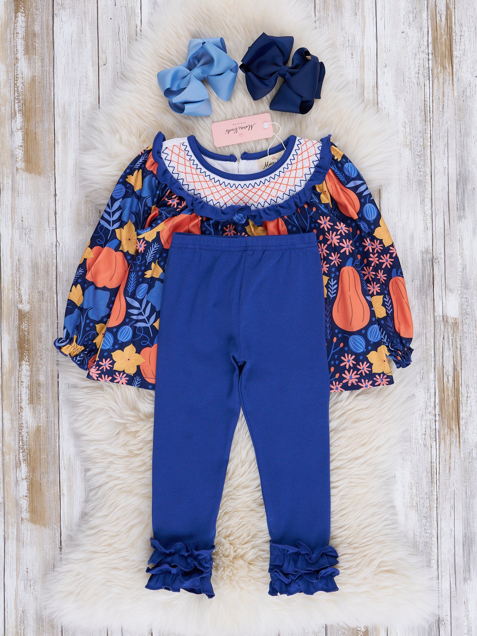 Blue & Orange Smocked Gourds Outfit - Marie Nicole Clothing