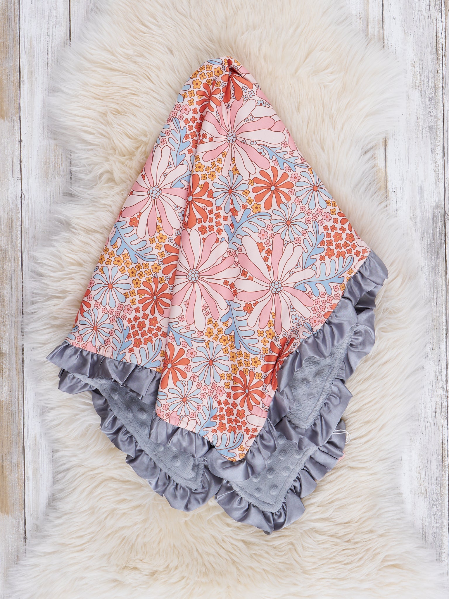 Orange & Grey Wildflowers Ruffle Minky Blanket - Marie Nicole Clothing