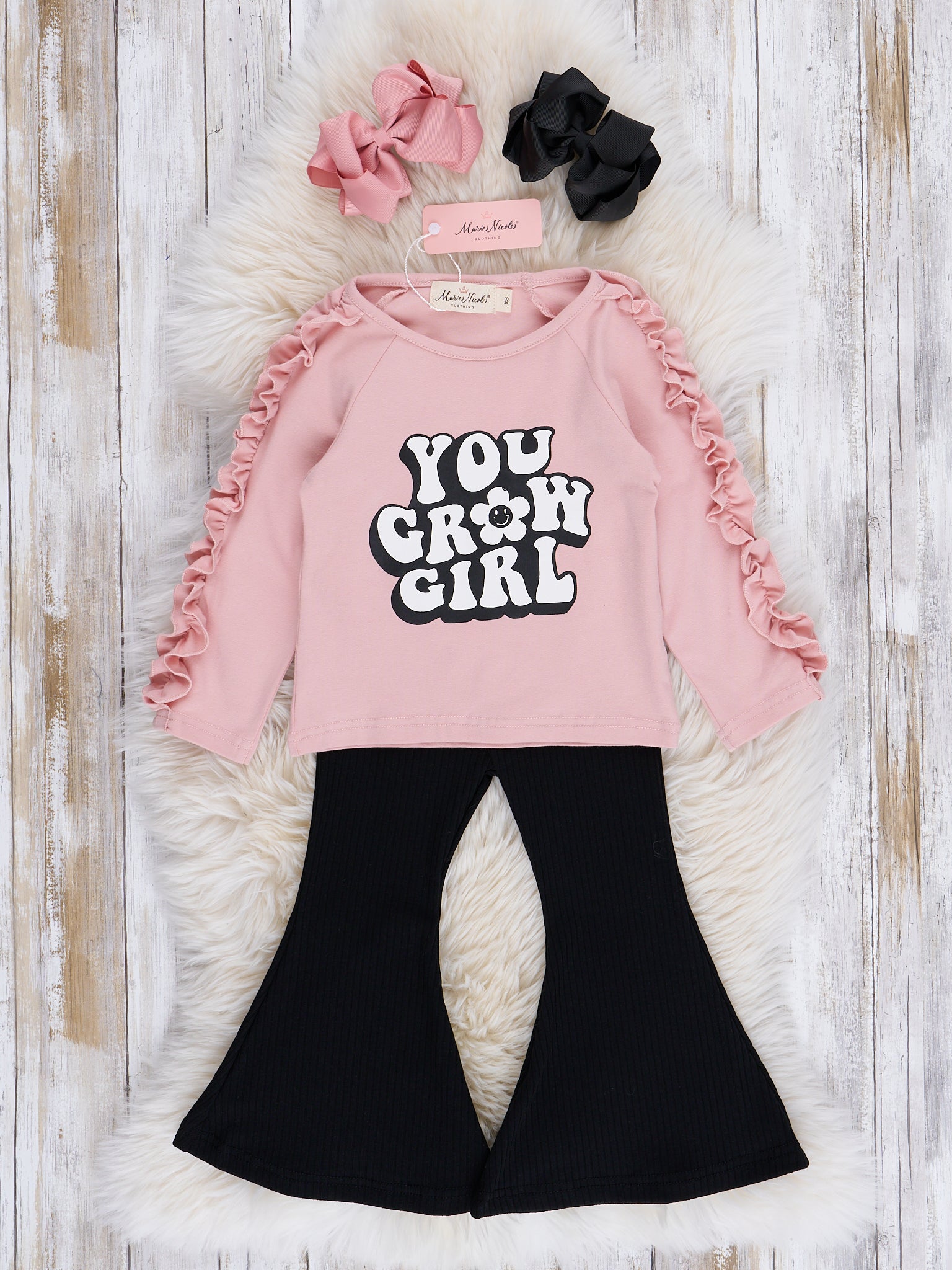 Pink "Grow Girl" Ribbed Bell Bottoms Outfit - Marie Nicole Clothing