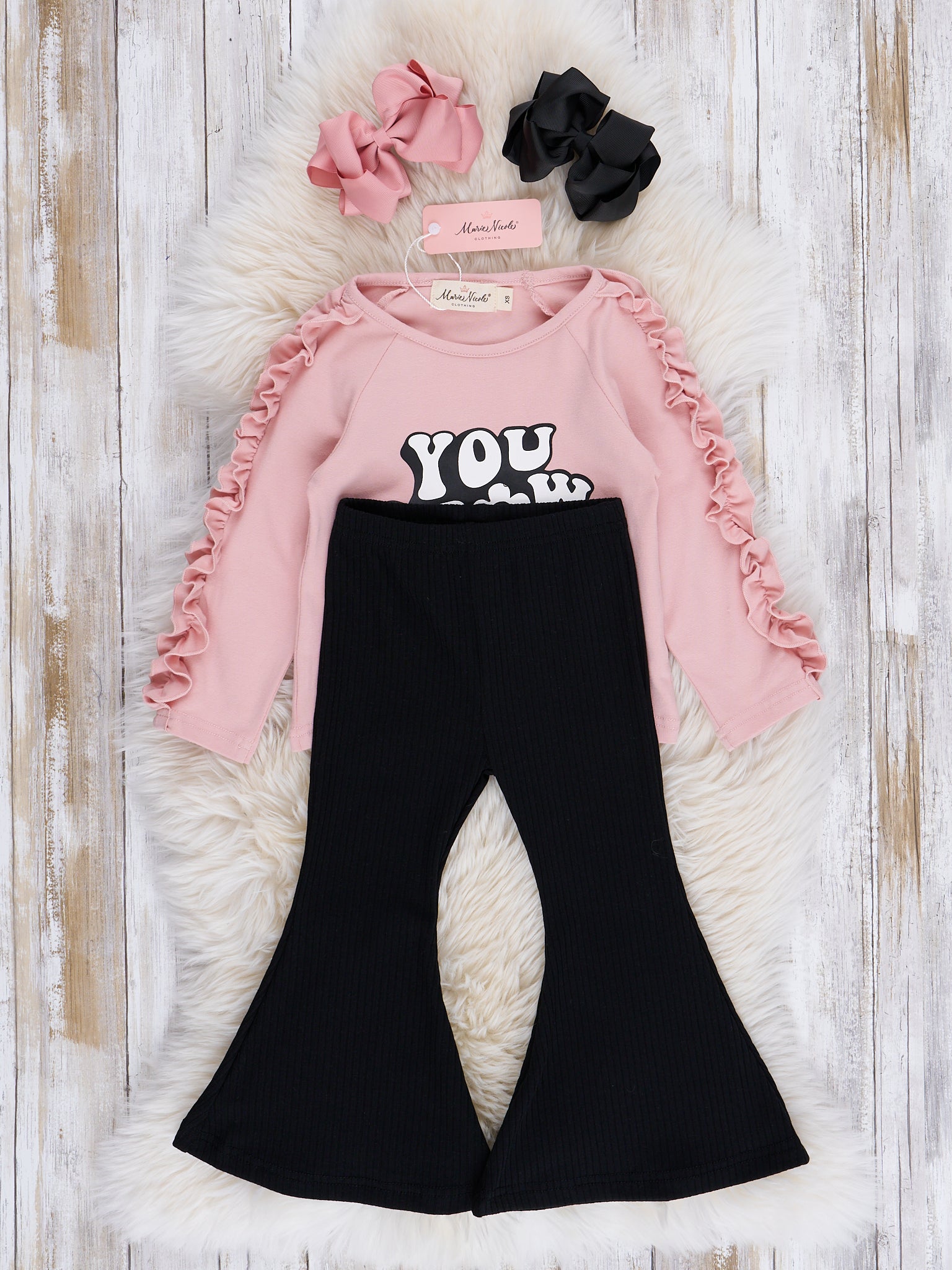 Pink "Grow Girl" Ribbed Bell Bottoms Outfit - Marie Nicole Clothing