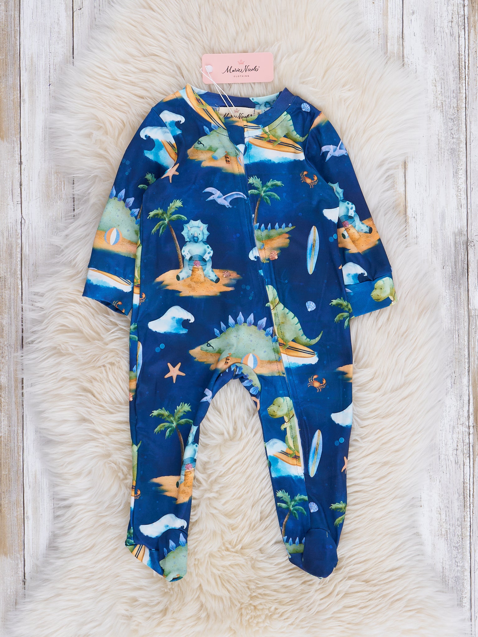 Navy Beach Dinosaur Footed Sleeper Pajamas - Marie Nicole Clothing