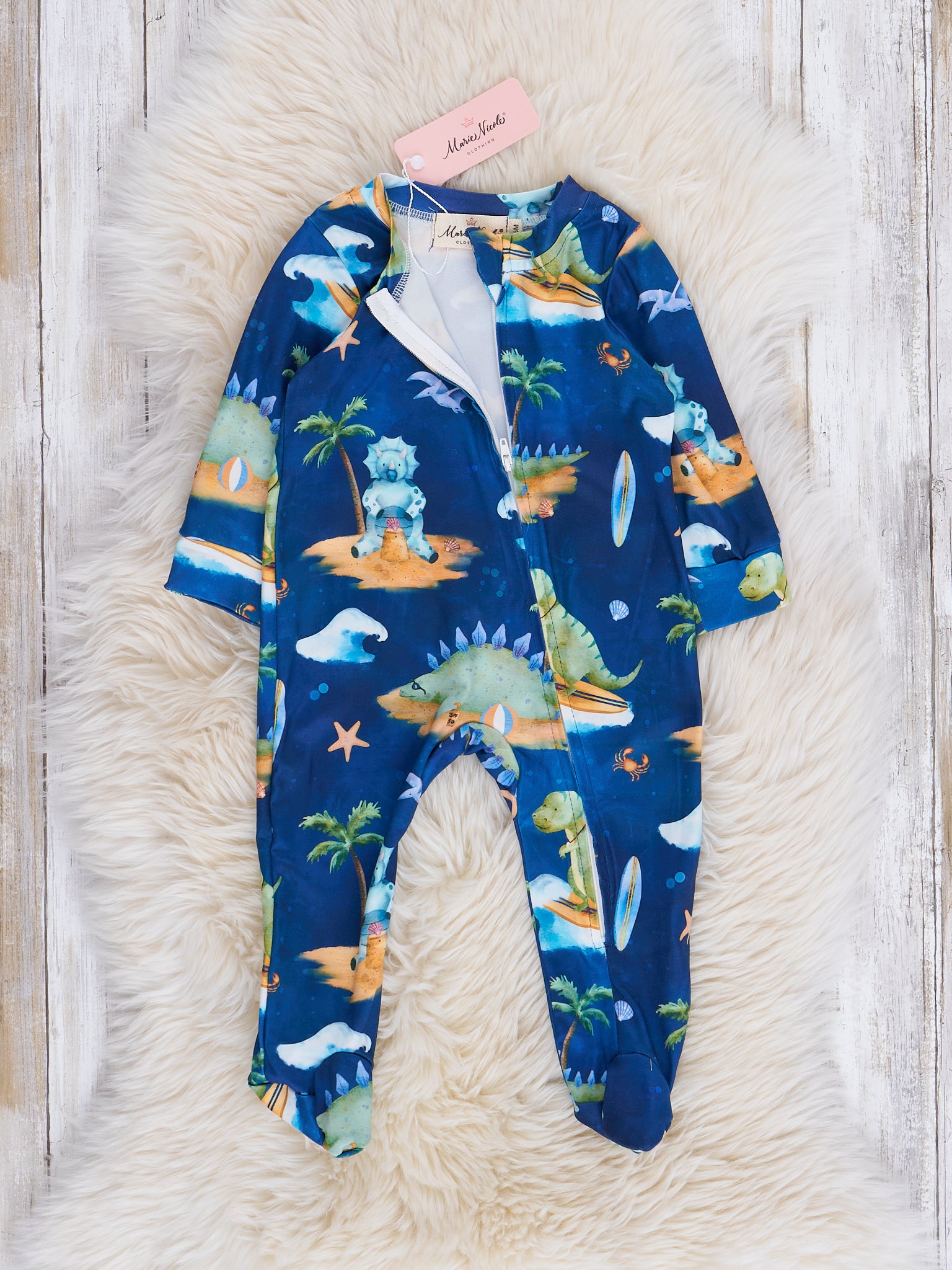 Navy Beach Dinosaur Footed Sleeper Pajamas - Marie Nicole Clothing