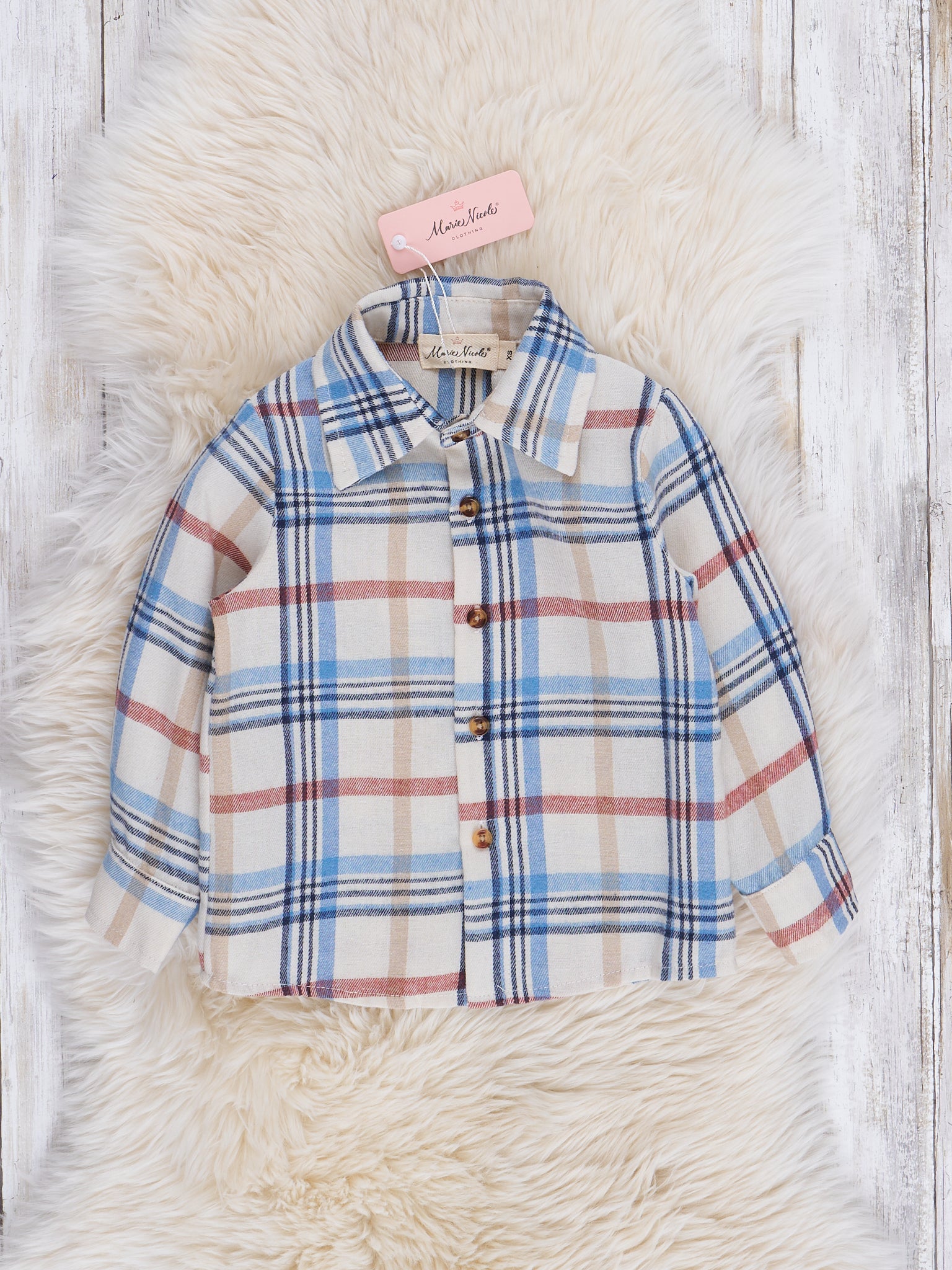 Cream & Blue Plaid Flannel Shirt - Marie Nicole Clothing
