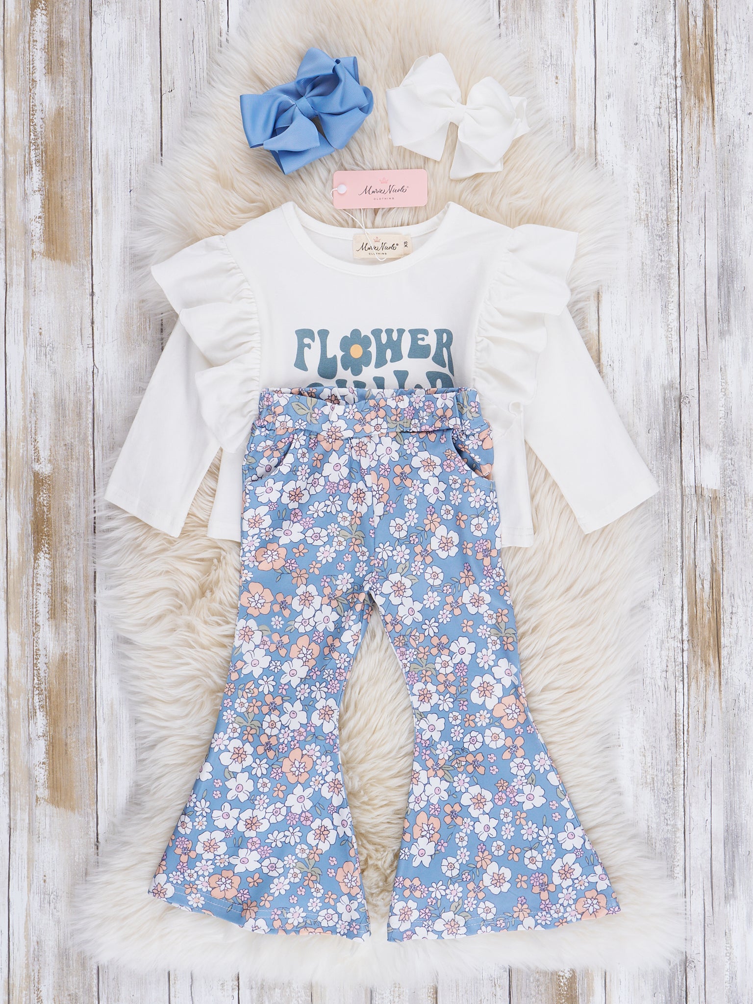 Blue Flower Child Bell Bottoms Outfit - Marie Nicole Clothing