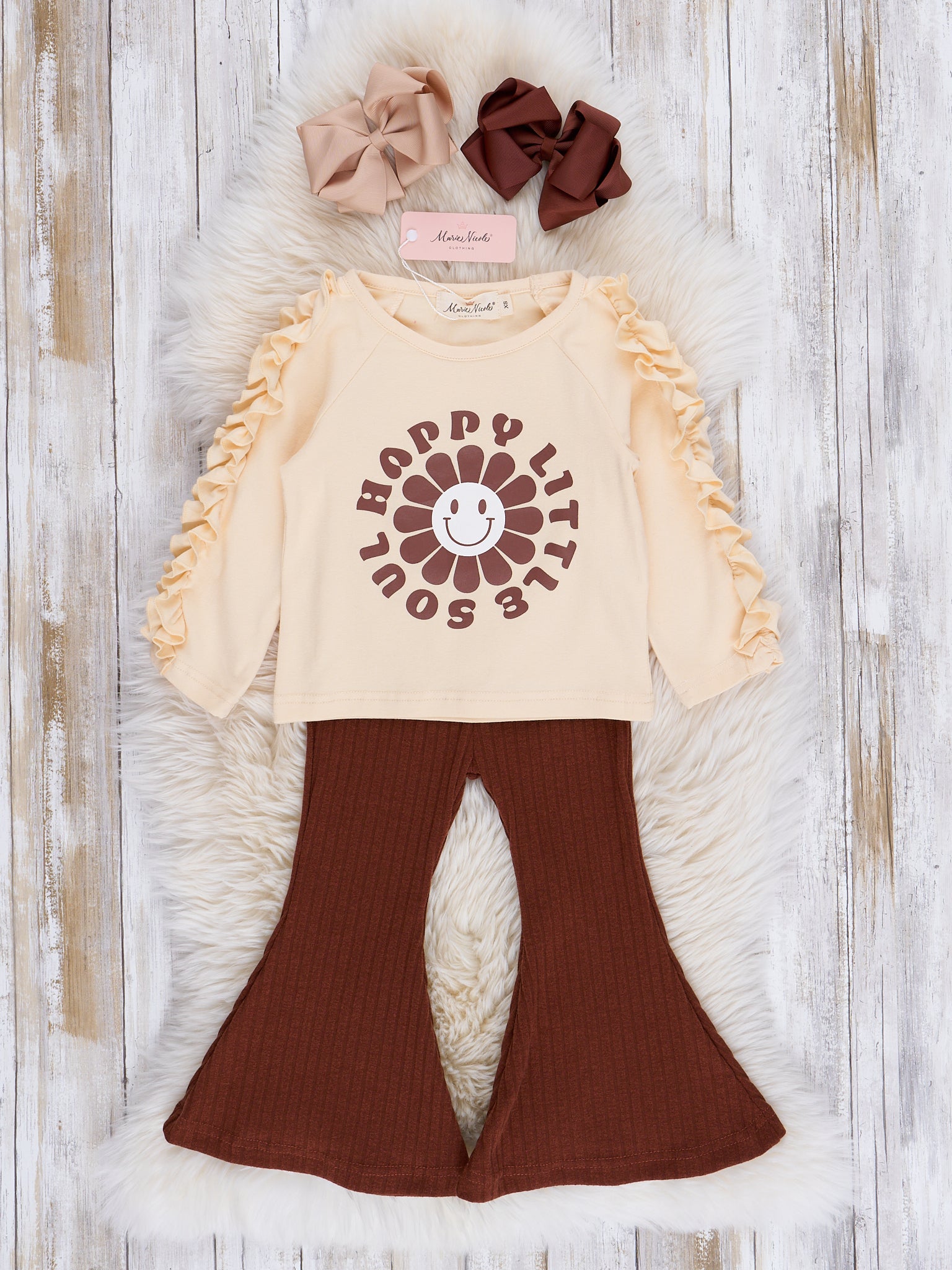 Brown Happy Soul Ribbed Bell Bottoms Outfit - Marie Nicole Clothing