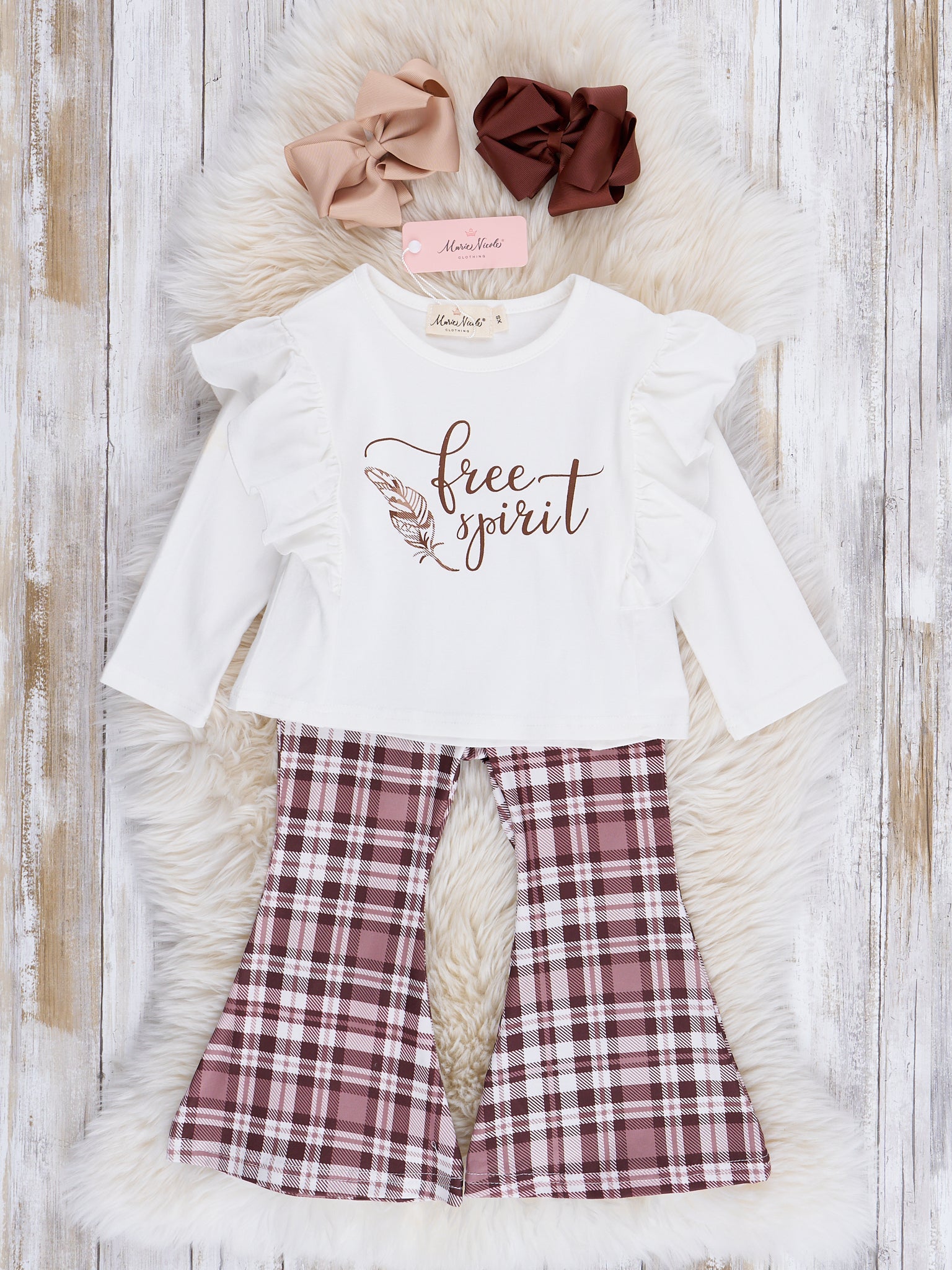 Brown "Free Spirit" Plaid Bell Bottoms Outfit - Marie Nicole Clothing