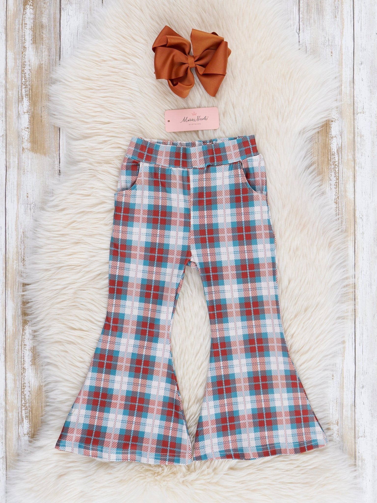 Brown & Turquoise Plaid Bell Bottoms - Marie Nicole Clothing