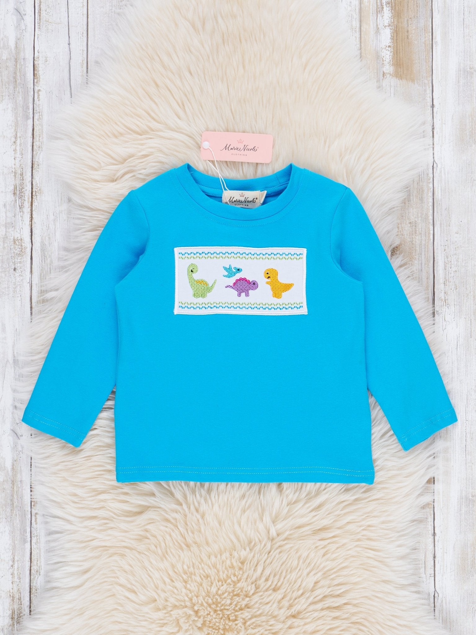 Blue Smocked Dinosaurs Shirt - Marie Nicole Clothing