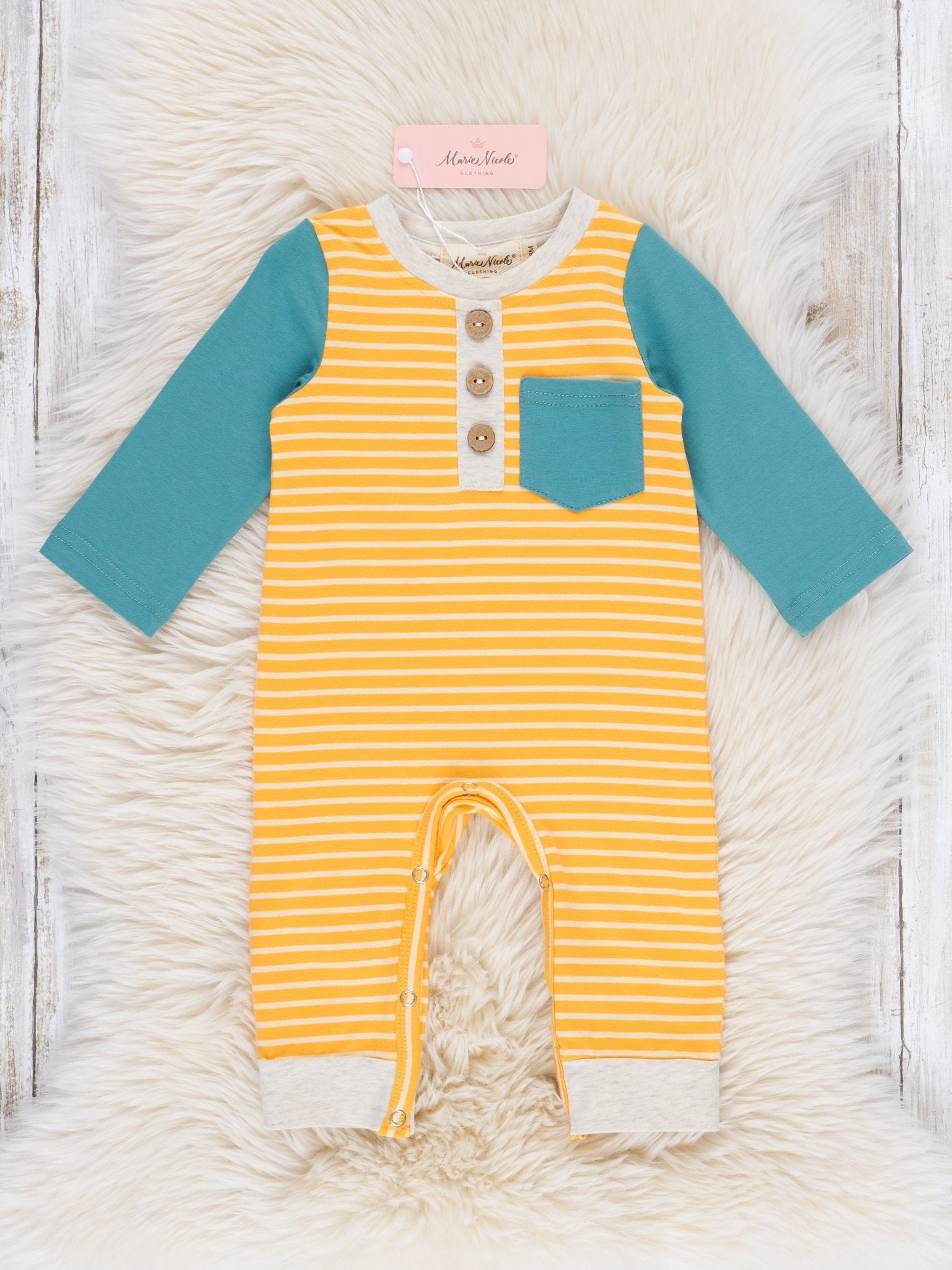 Turquoise & Yellow Stripes Pocket Raglan Romper - Marie Nicole Clothing
