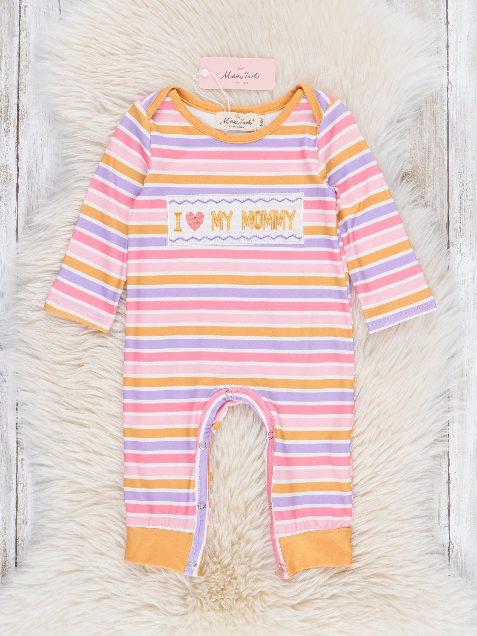 Pink & Purple Stripes Smocked Mommy Love Romper - Marie Nicole Clothing