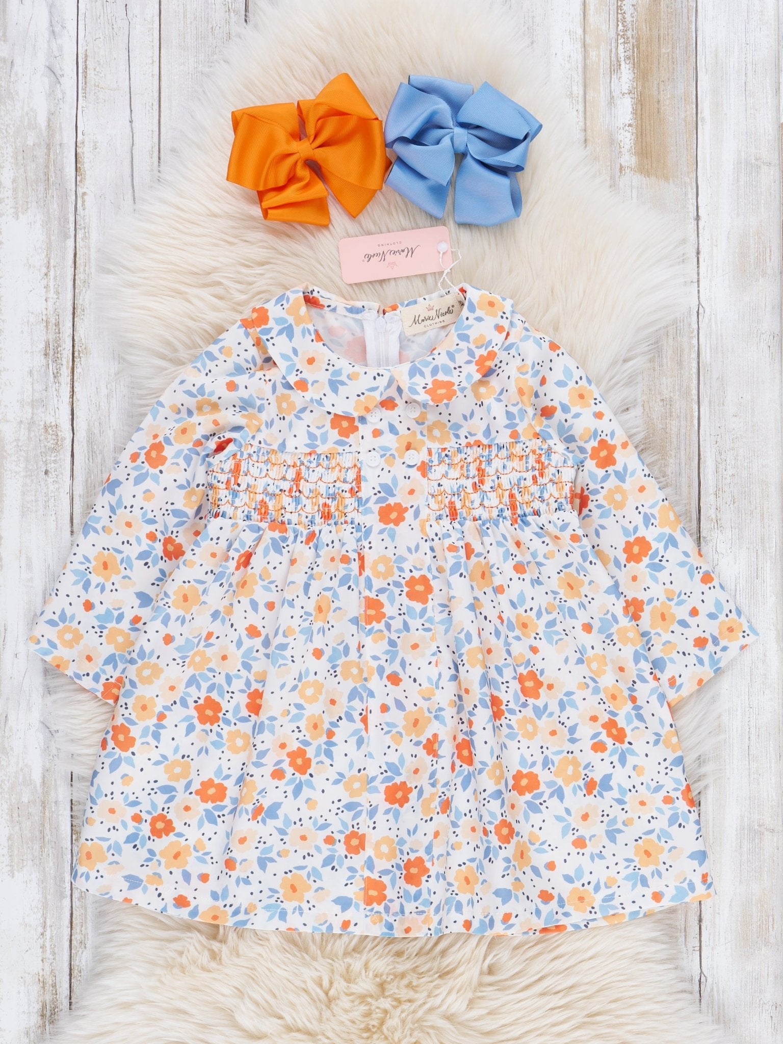 Sweet Orange Smocked Vintage Garden Dress - Marie Nicole Clothing