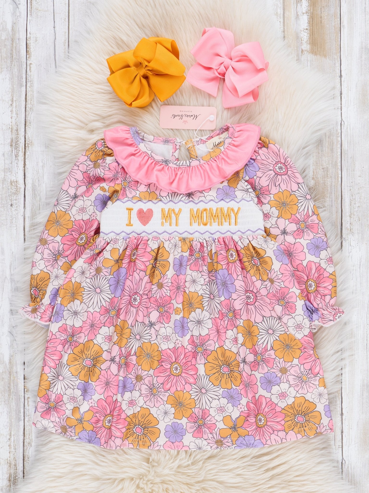 Pink & Purple Marigolds Smocked Mommy Love Dress - Marie Nicole Clothing
