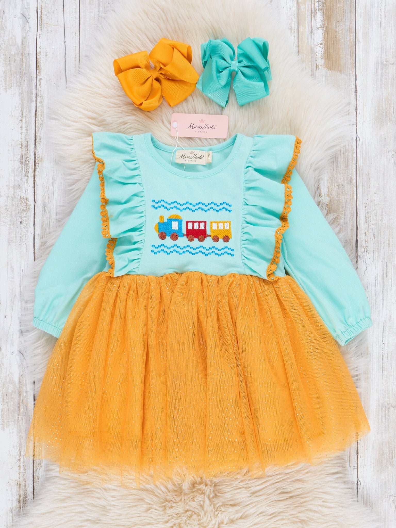 Teal & Yellow Embroidered Trains Tulle Dress - Marie Nicole Clothing