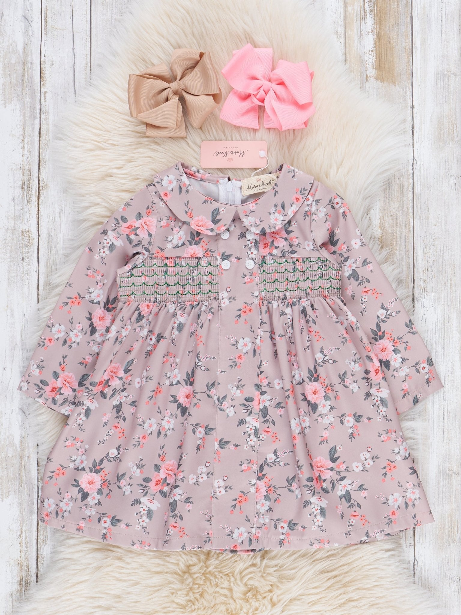 Tan Vintage Florals Smocked Dress - Marie Nicole Clothing