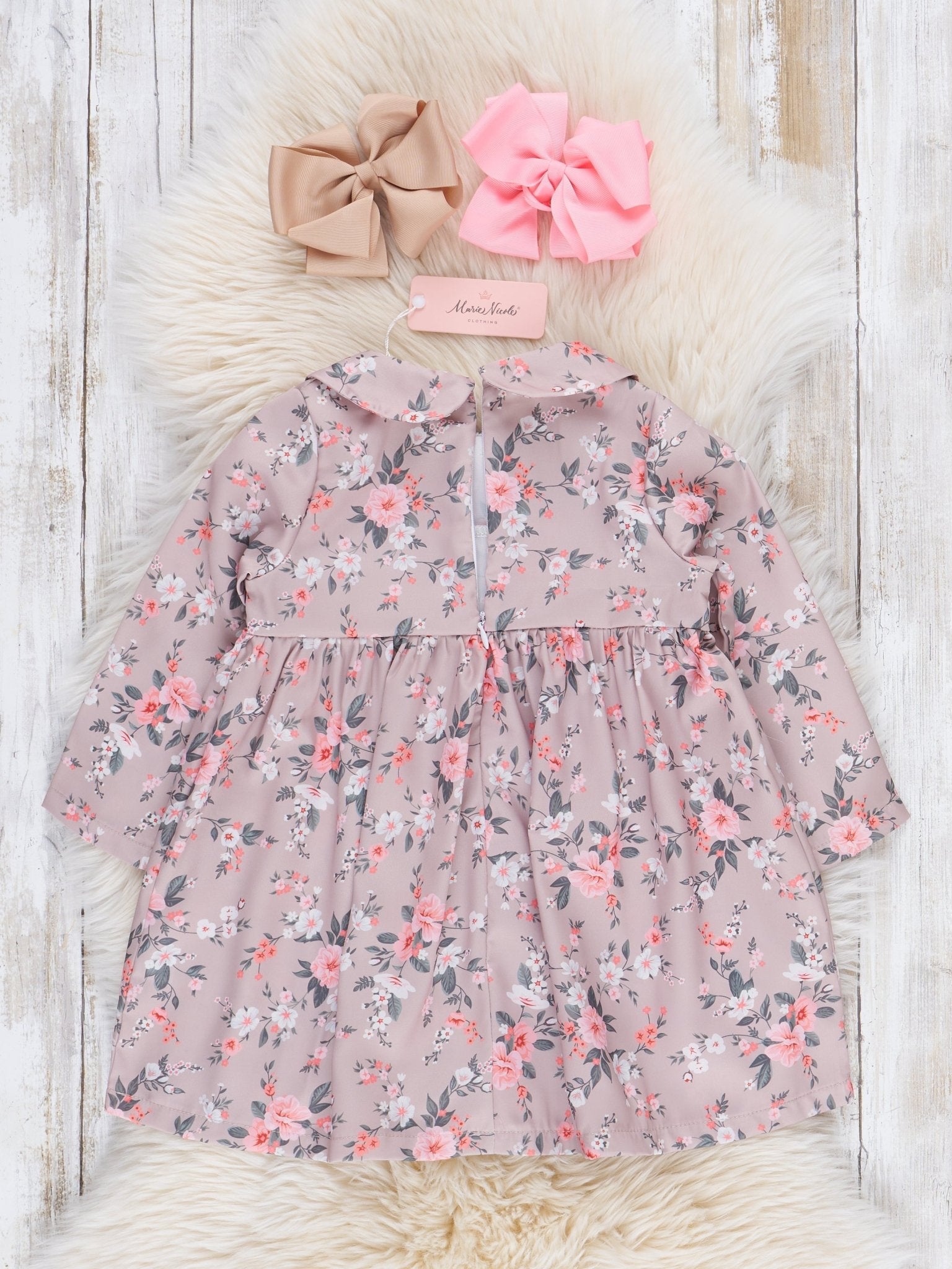 Tan Vintage Florals Smocked Dress - Marie Nicole Clothing