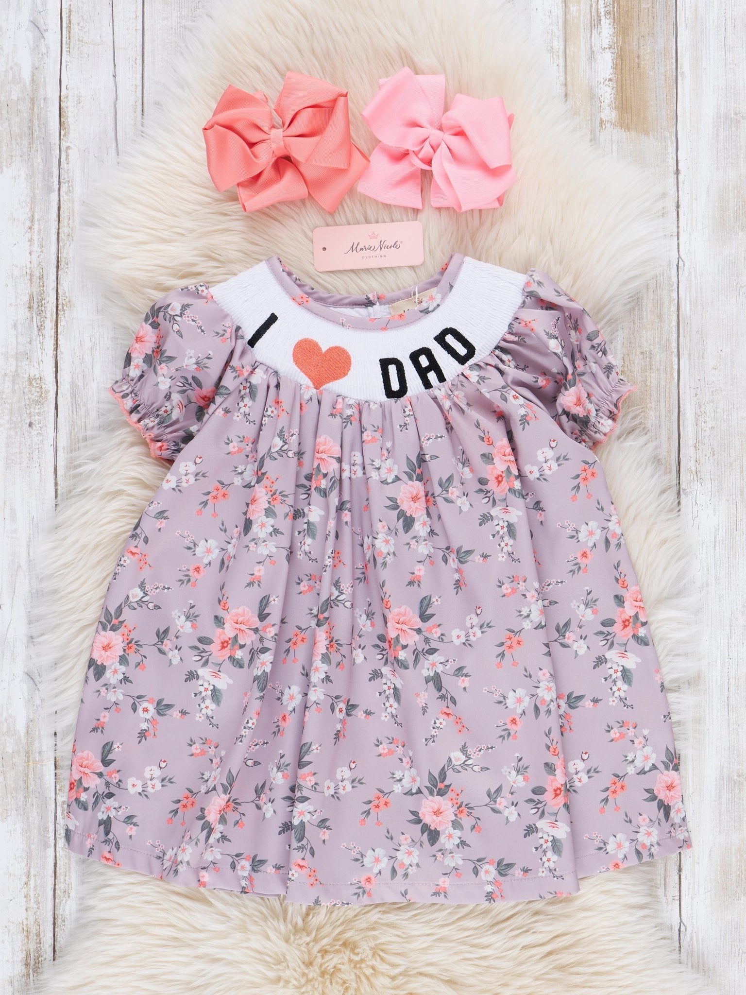 Tan Vintage Florals Smocked Dad Love Dress - Marie Nicole Clothing