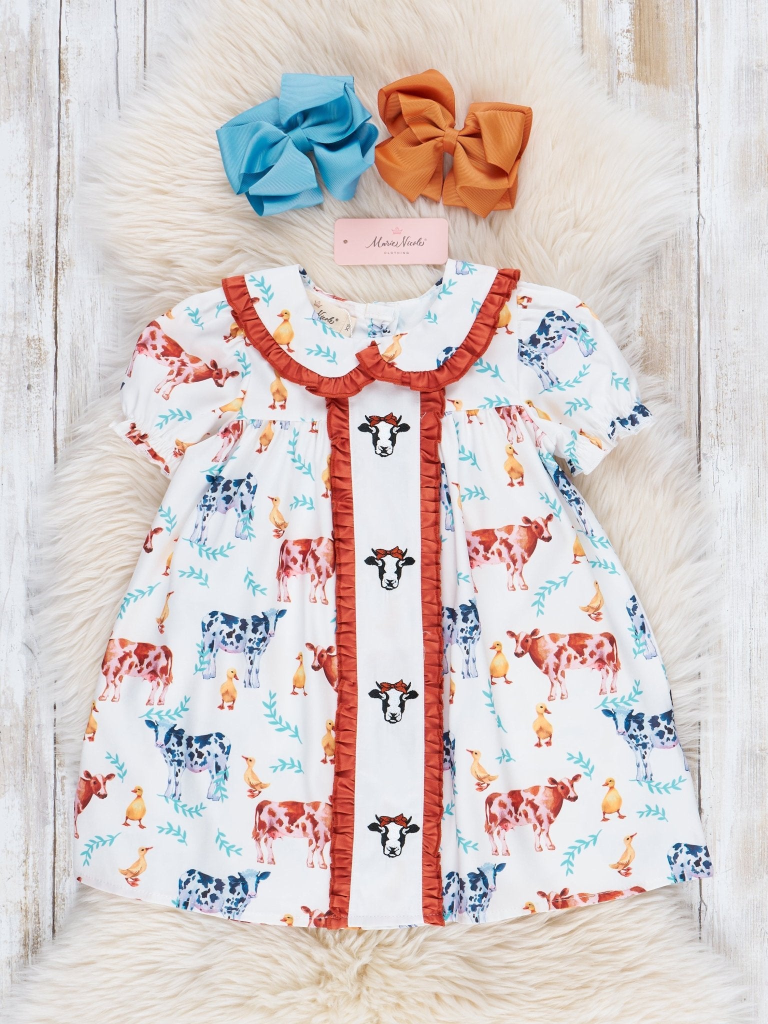 Cream & Bronze Embroidered Cow Ruffle Dress - Marie Nicole Clothing