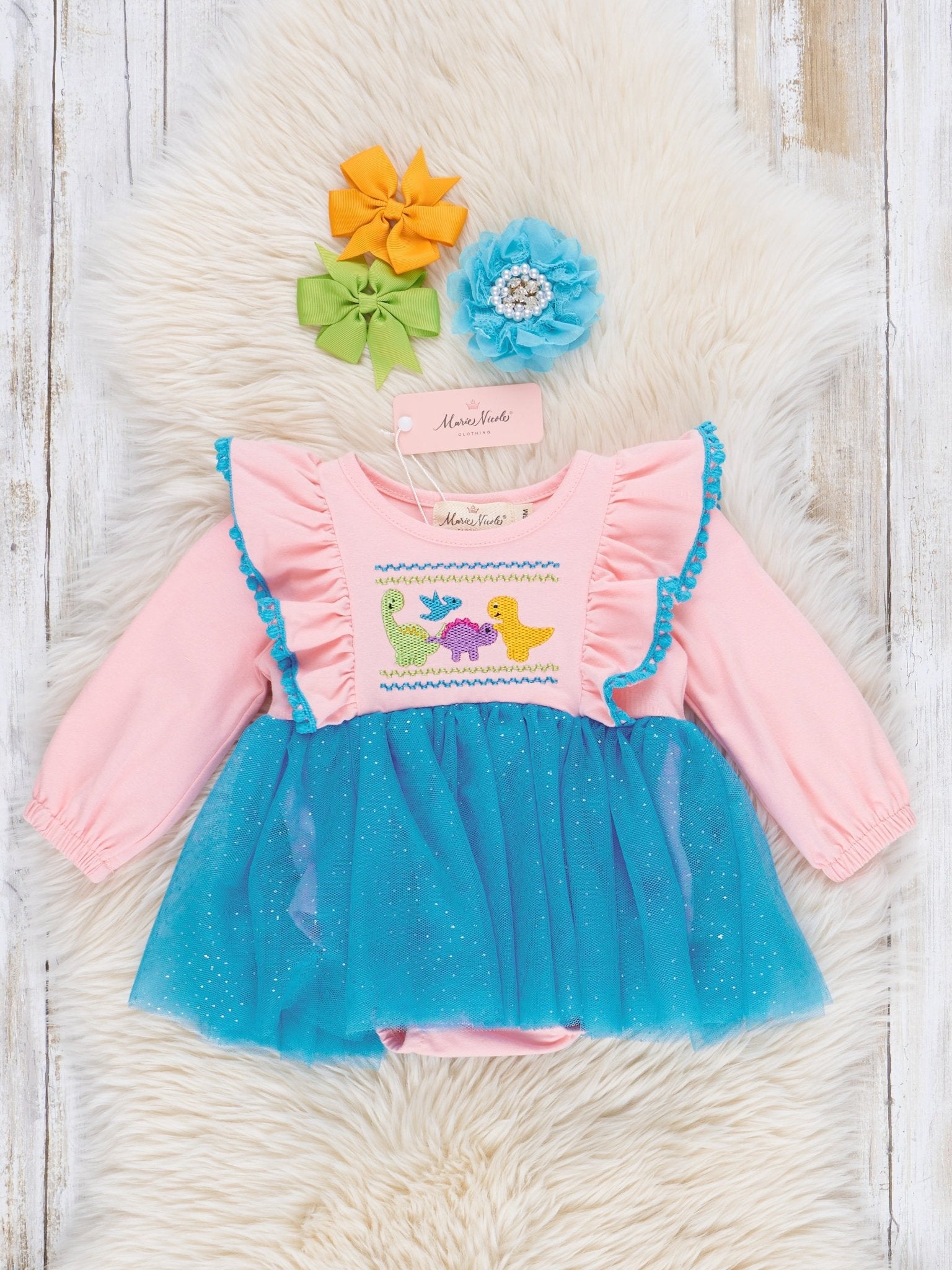Pink & Blue Sparkle Dinosaurs Tulle Bubble Romper - Marie Nicole Clothing