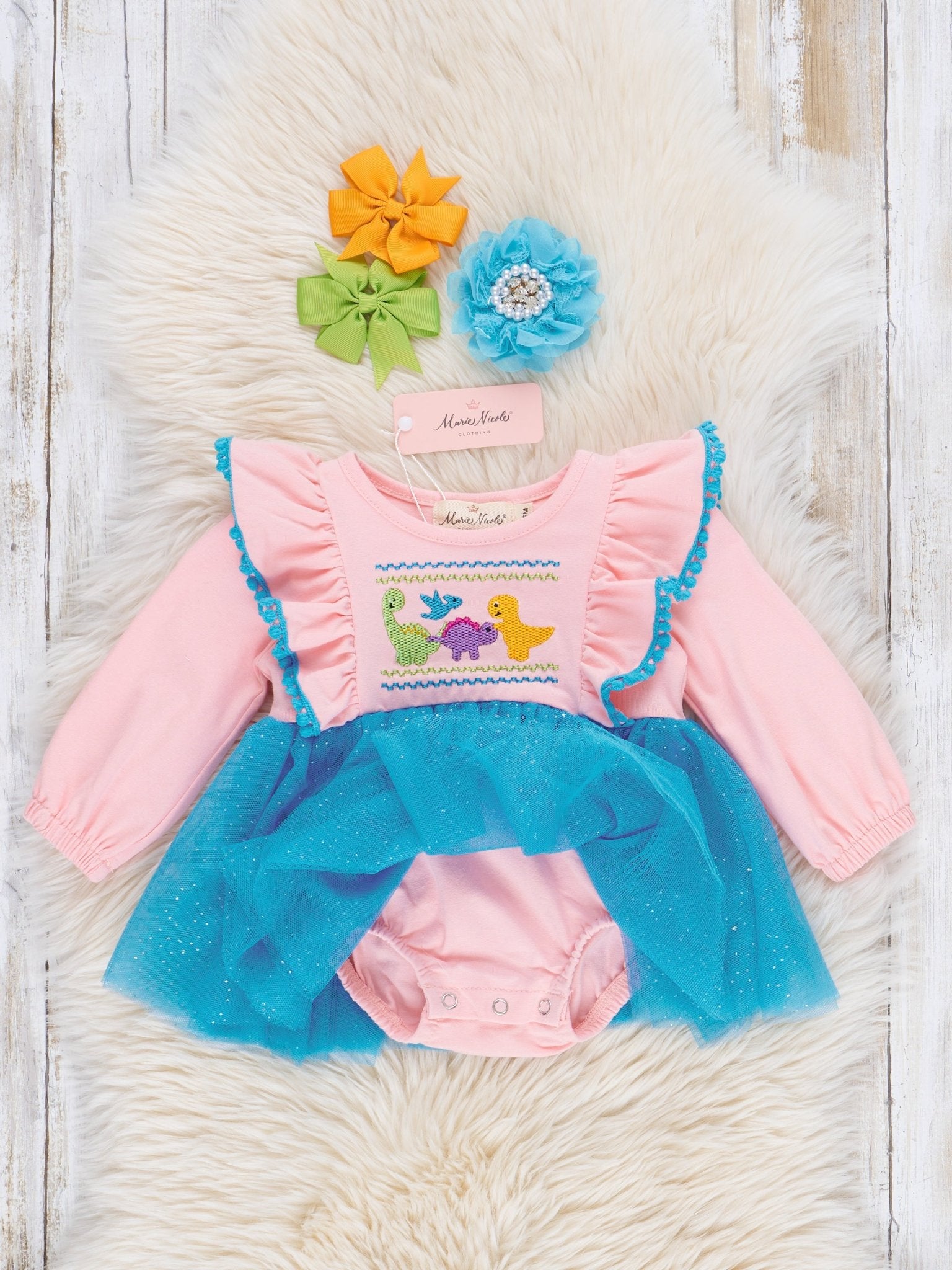 Pink & Blue Sparkle Dinosaurs Tulle Bubble Romper - Marie Nicole Clothing
