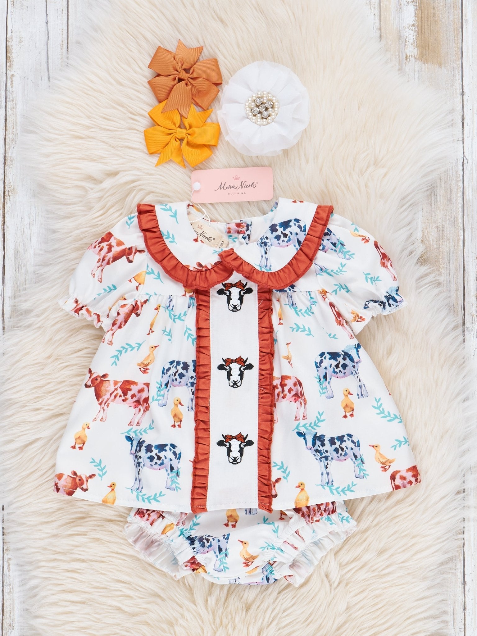 Cream & Bronze Embroidered Cow Ruffle Bloomer Outfit - Marie Nicole Clothing