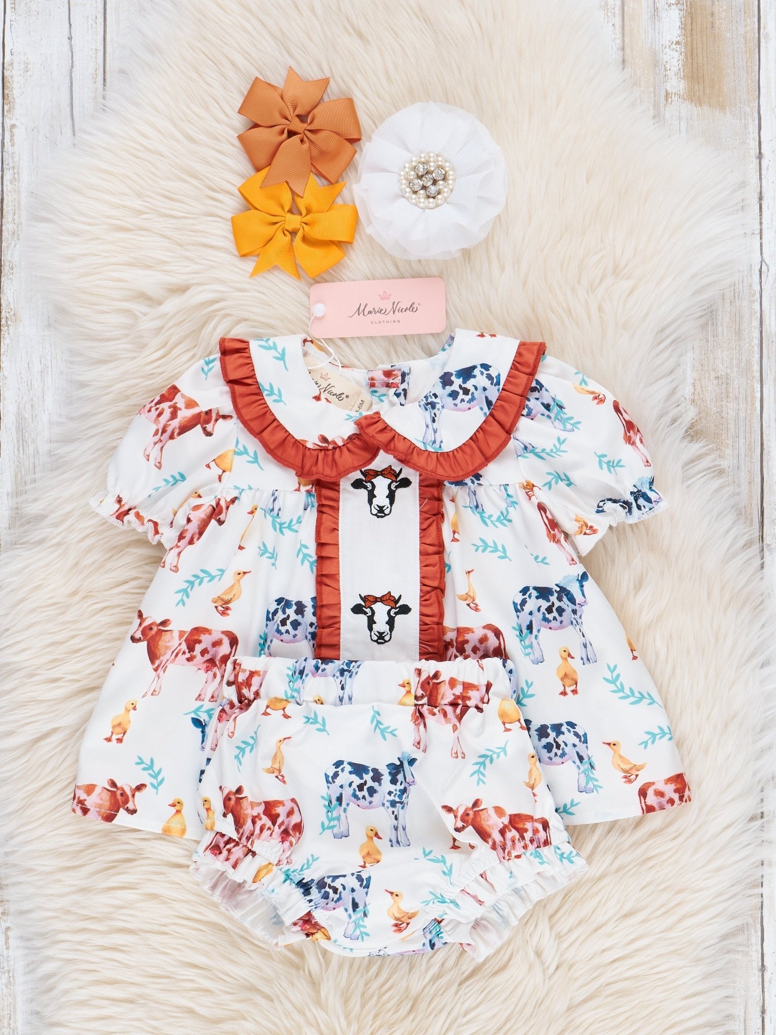 Cream & Bronze Embroidered Cow Ruffle Bloomer Outfit - Marie Nicole Clothing