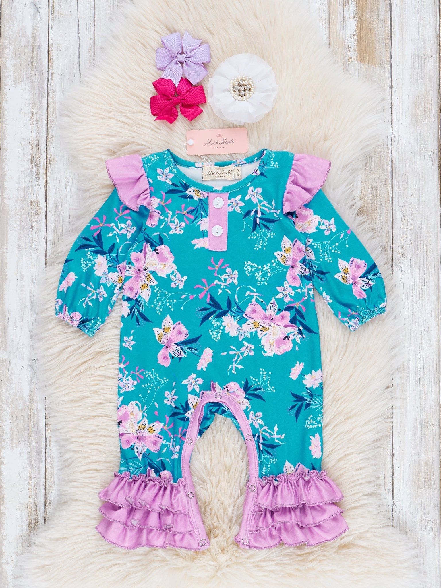 Blue Florals & Purple Stripes Ruffle Romper - Marie Nicole Clothing