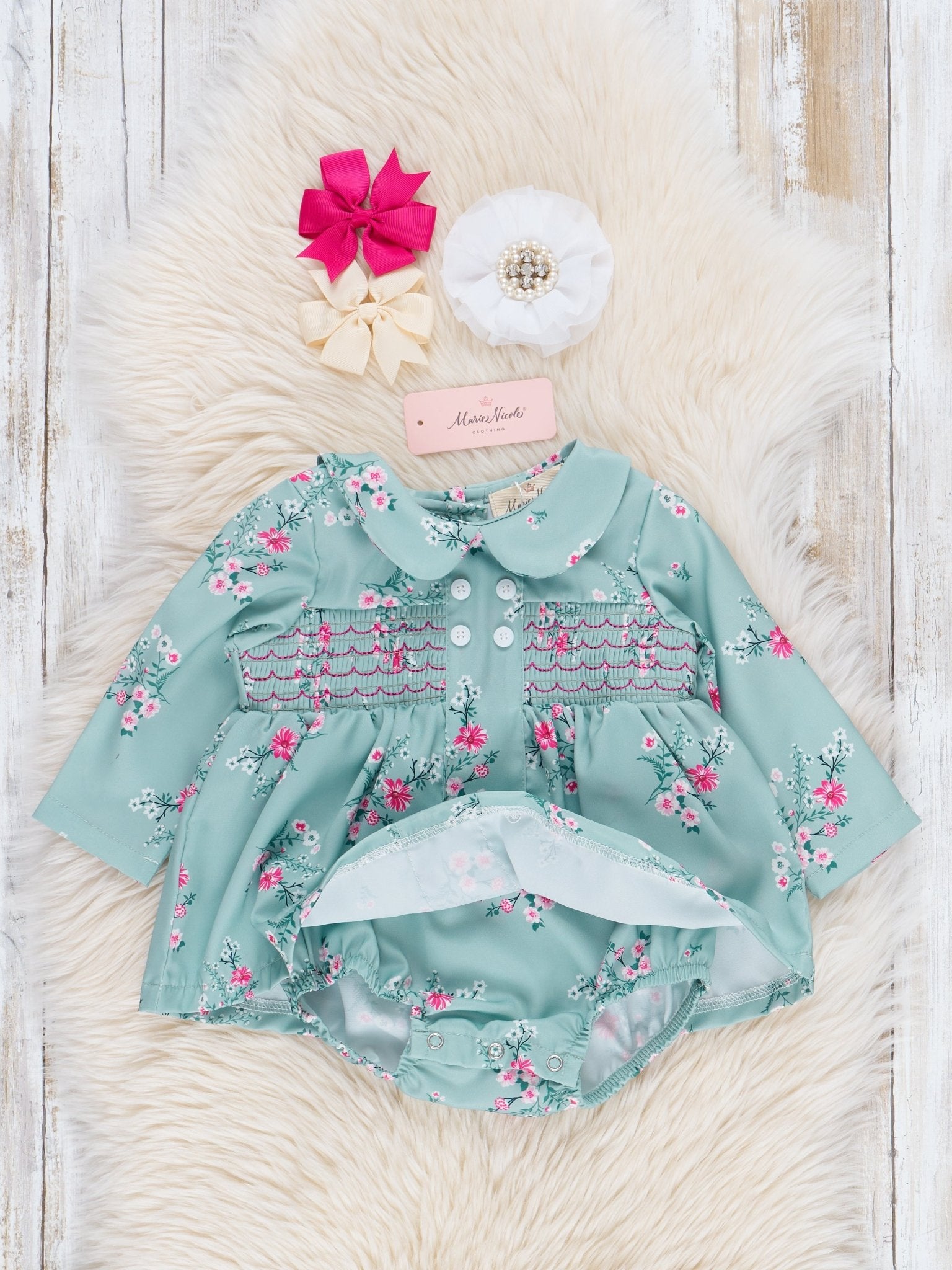 Sweet Mint Smocked Vintage Garden Bubble Romper - Marie Nicole Clothing