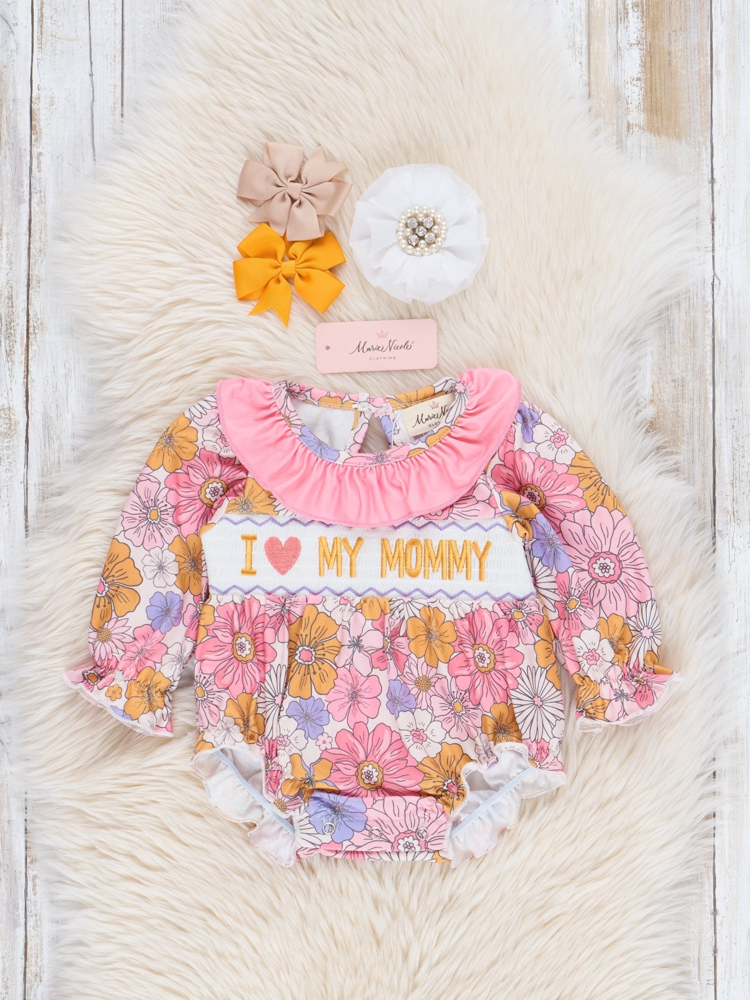 Pink & Purple Marigolds Smocked Mommy Love Ruffle Bubble Romper - Marie Nicole Clothing