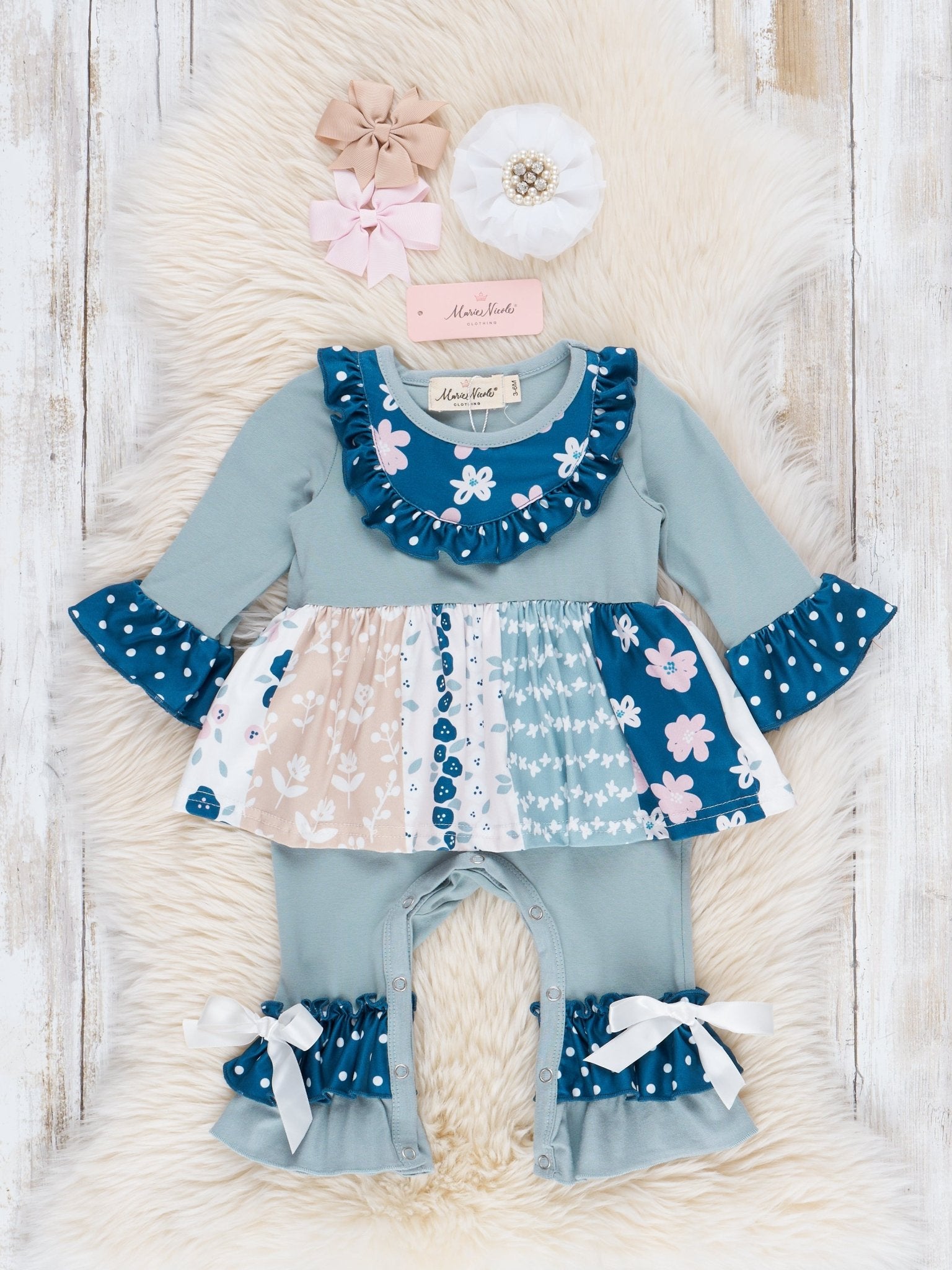 Navy & Grey Doodle Garden Ruffle Romper - Marie Nicole Clothing