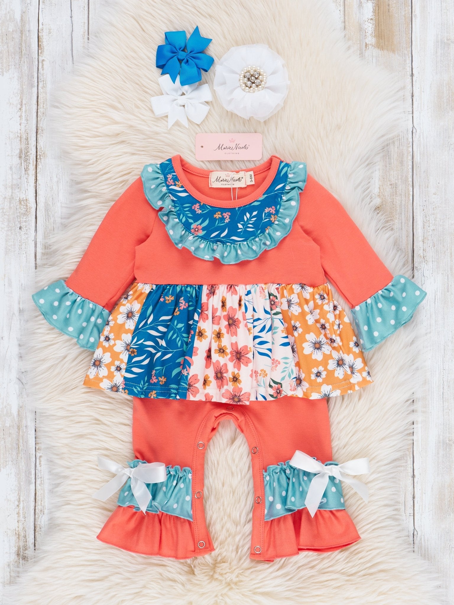 Orange & Blue Garden Ruffle Romper - Marie Nicole Clothing