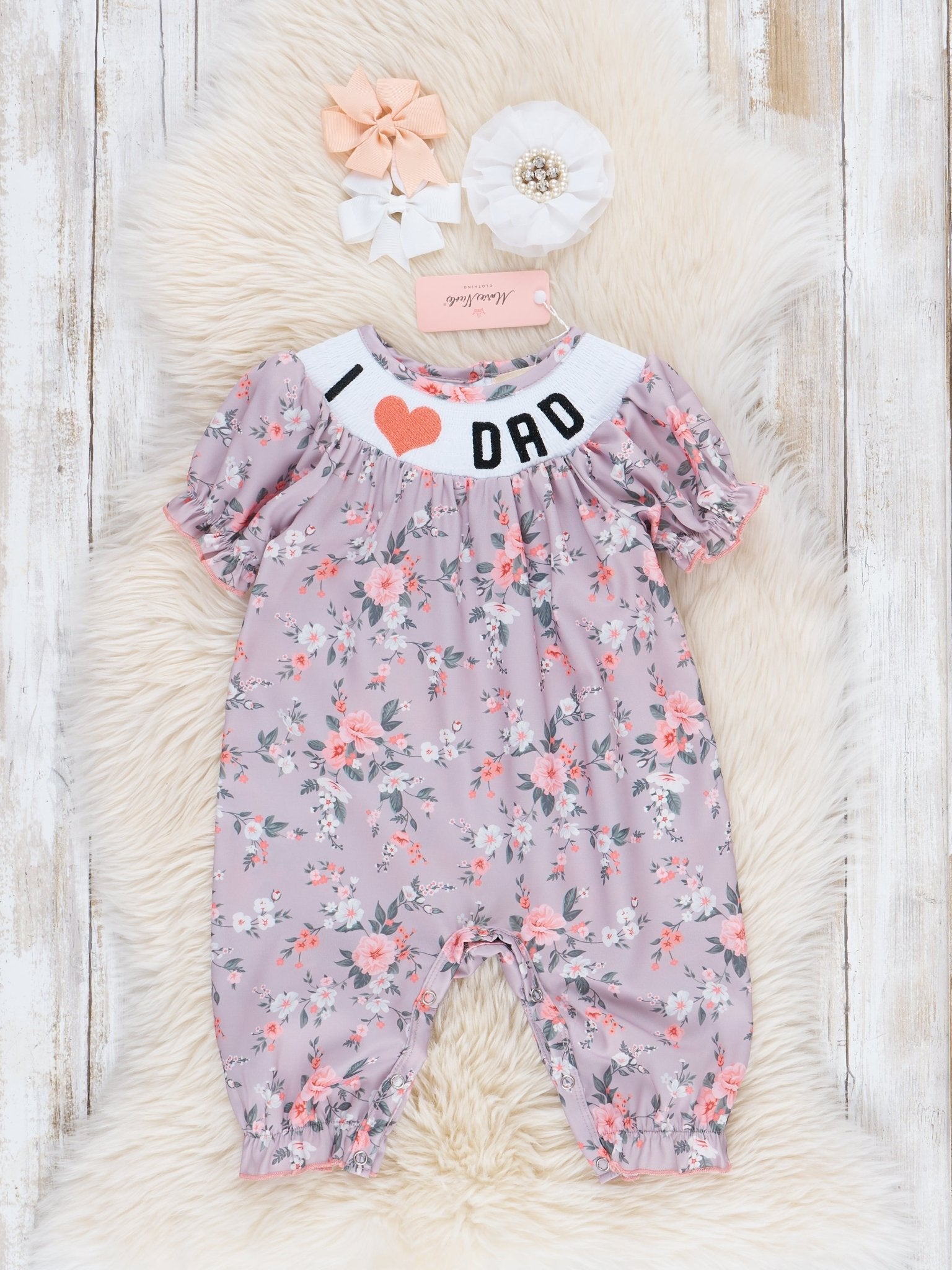 Tan Vintage Florals Smocked Dad Love Romper - Marie Nicole Clothing