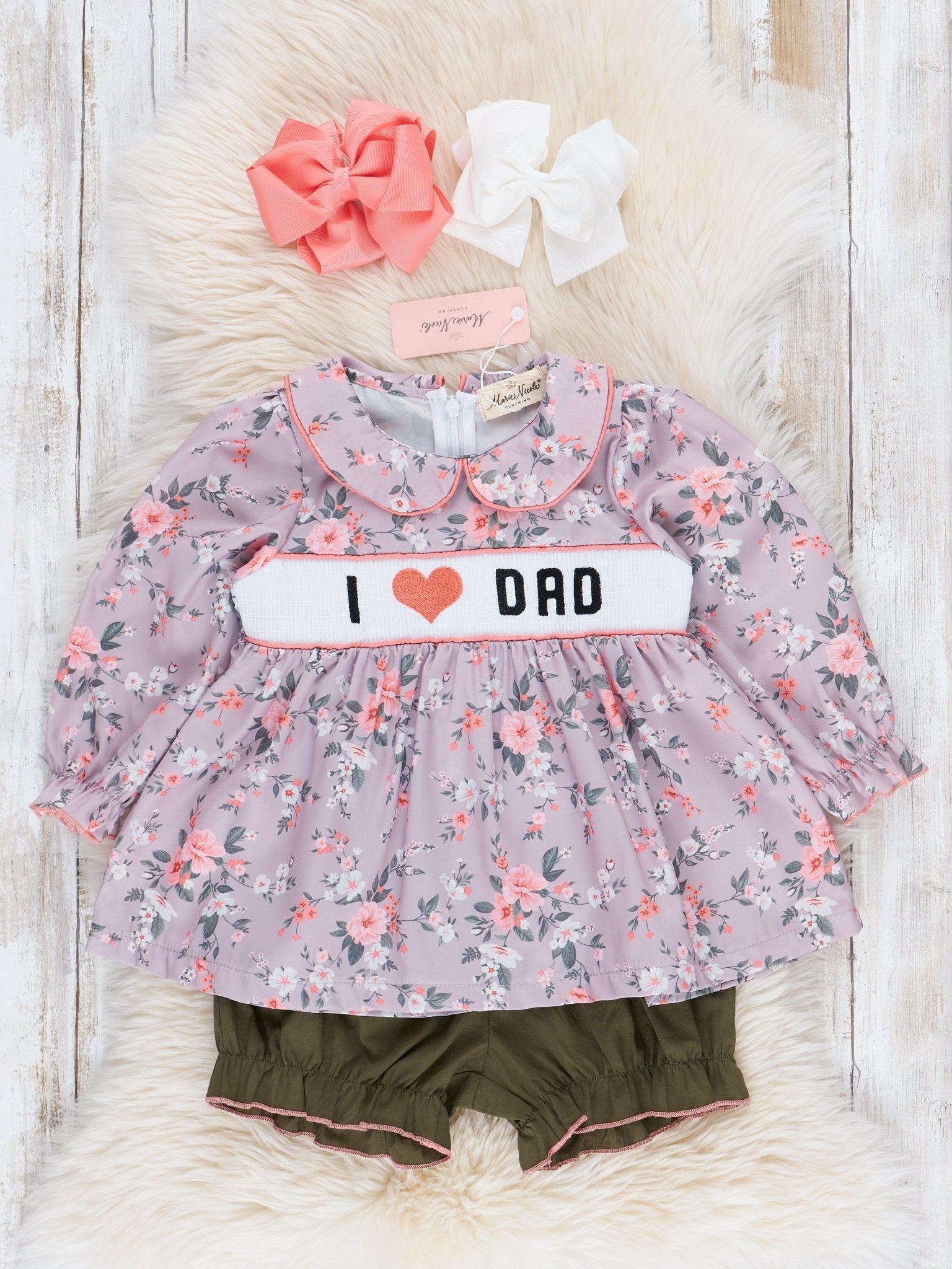 Tan Vintage Florals Smocked Dad Love Outfit - Marie Nicole Clothing