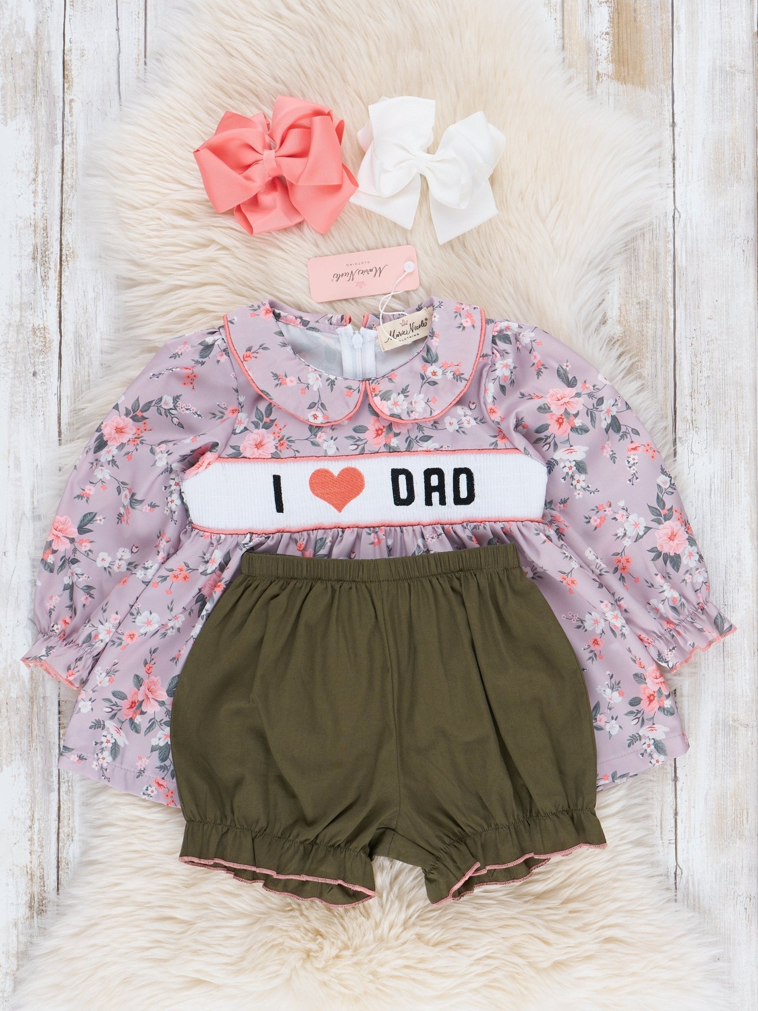 Tan Vintage Florals Smocked Dad Love Outfit - Marie Nicole Clothing